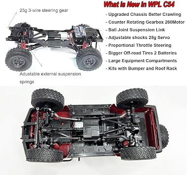 RC Rock Crawler 4x4 RC Truck WPL C54 1/16 RC Crawler RTR Remote Control Truck Off Road 2.4G All Terrain with Proportional Steering 260 Motor, New Gearbox, Upgraded Chasis and Shock
