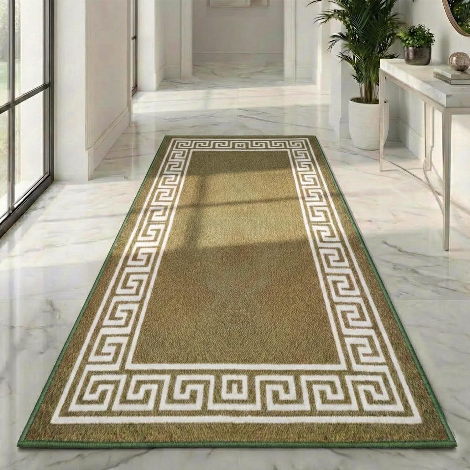 B&B Non-Slip Washable Large Entrance Door mat | 66 x 120 cm Outdoor and Indoor Dog Muddy Paws Floor Protector, Hallway, Bath and Kitchen Anti-Slip Mats - Greeky Rug - Green & Cream