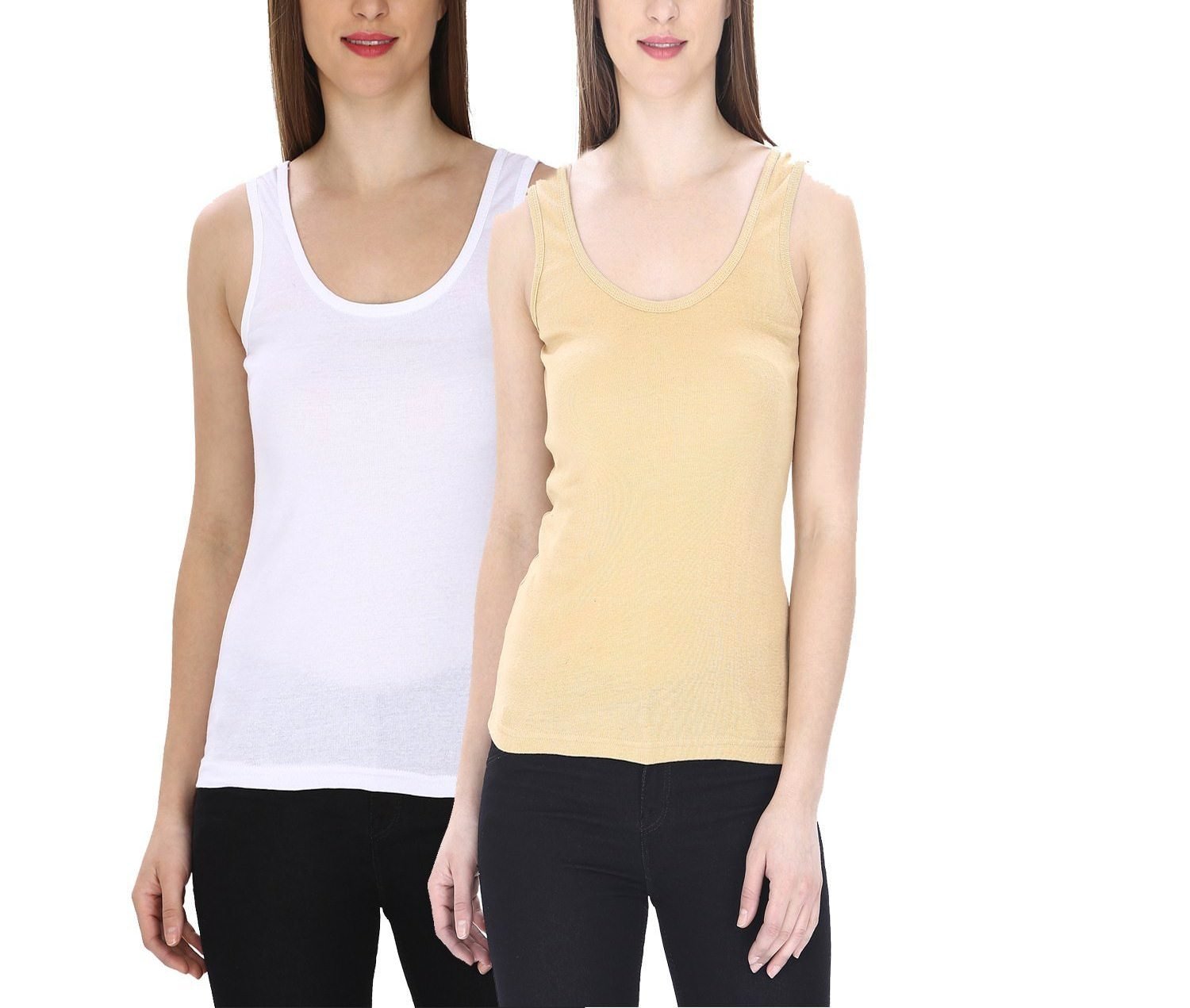 Combo of Beige and White Color Hosiery Stretchable Tank Top Camisole with Broad Strap discount deal