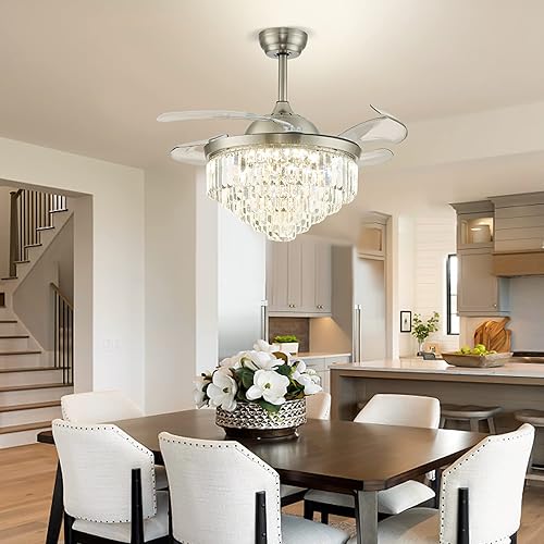 Miniatura 3 de YPQXYHDA Lámparas de techo de cristal modernas regulables de 42 pulgadas con luces ventilador de techo retráctil para dormitorio comedor sala de