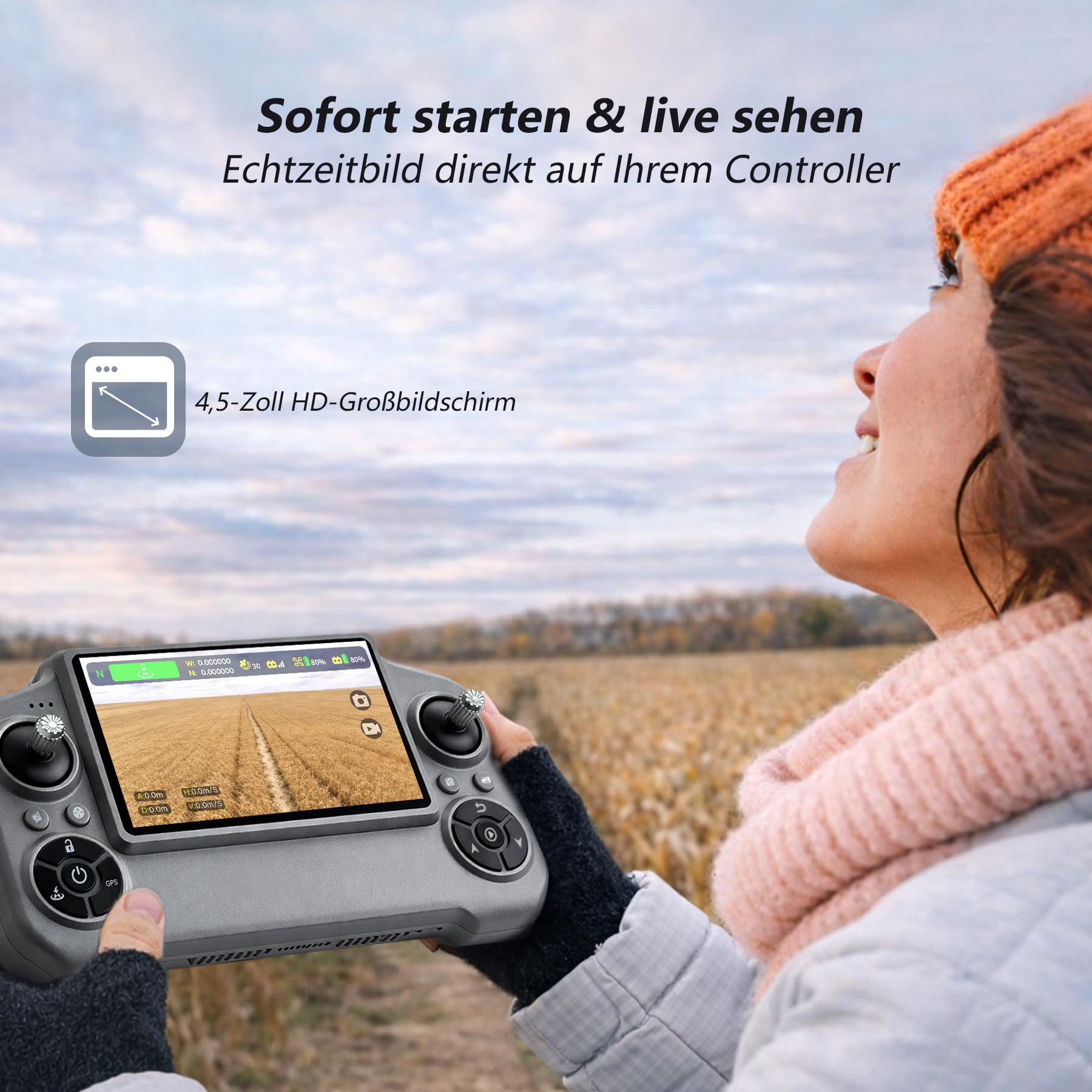 3-Achsen Gimbal GPS Drohne mit 4K Kamera, 4.5" HD Screen Fernsteuerung, 90Min Flugzeit (3 Akkus), 3000M Übertragungsreichweite, Auto Return, Follow Me, bürstenloser Motor, 5G FPV, faltbar, <249g