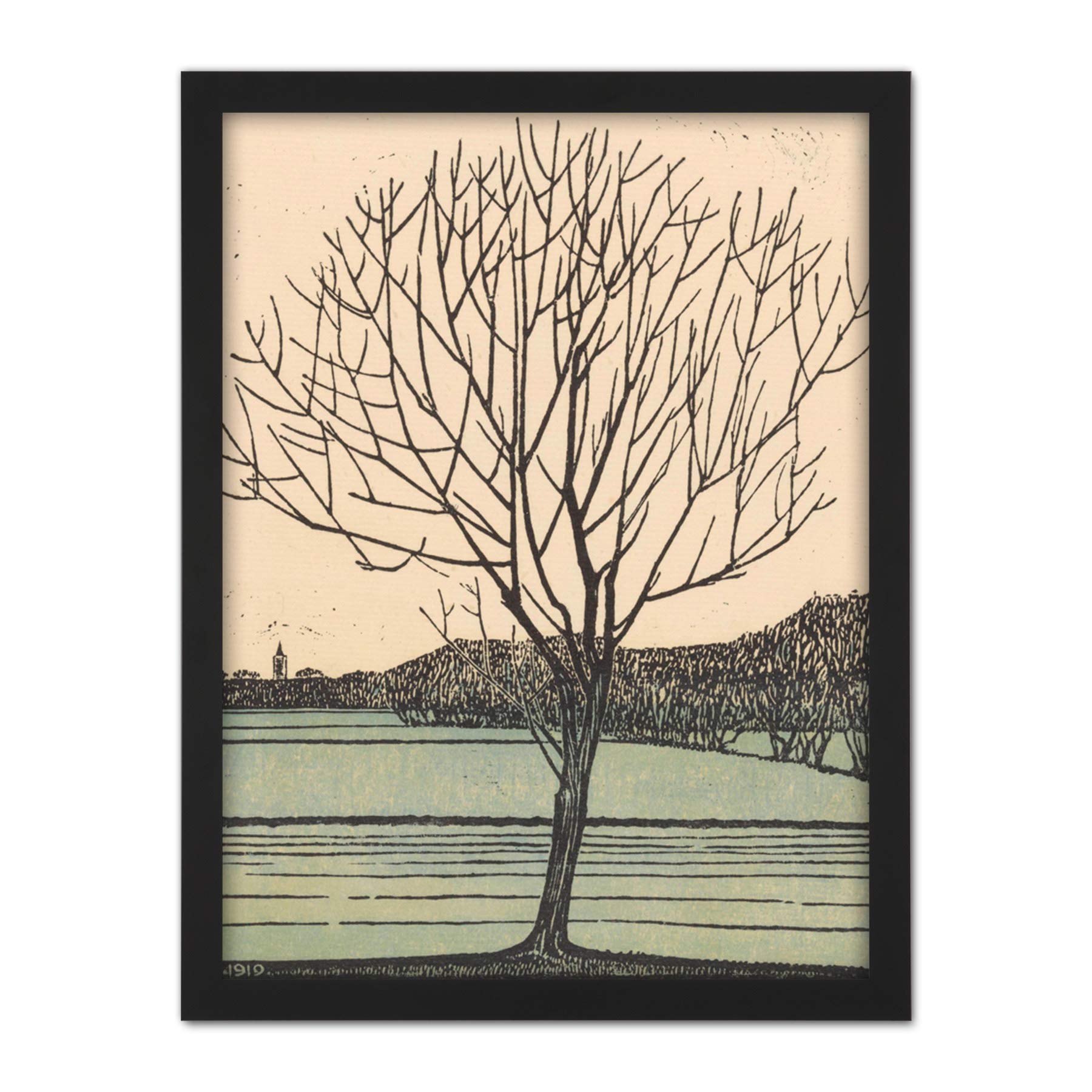 Artery8 Julie De Graag Kale Boom Lone Tree Field Woodcut Artwork Framed Wall Art Print 18X24 Inch