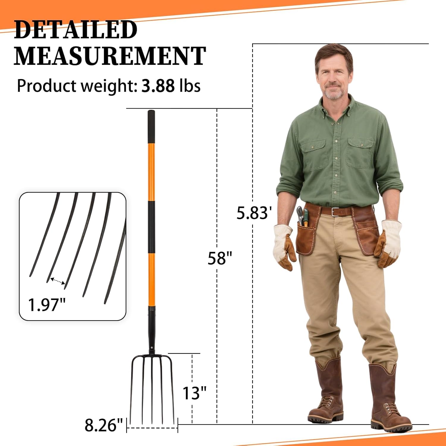 Pitch Fork-58 Inch，5-Tine Steel Garden Fork Heavy Duty, Mulch with Cushion Grip, Orange Fiberglass Handle