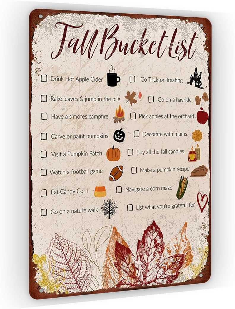 SMAZDFXX Fall Bucket List Metal Sign Rustic Decorations for Thanksgiving Autumn Porch Home Wall Decor Indoor Outdoor Door Party Accessories Poster 8"x12"