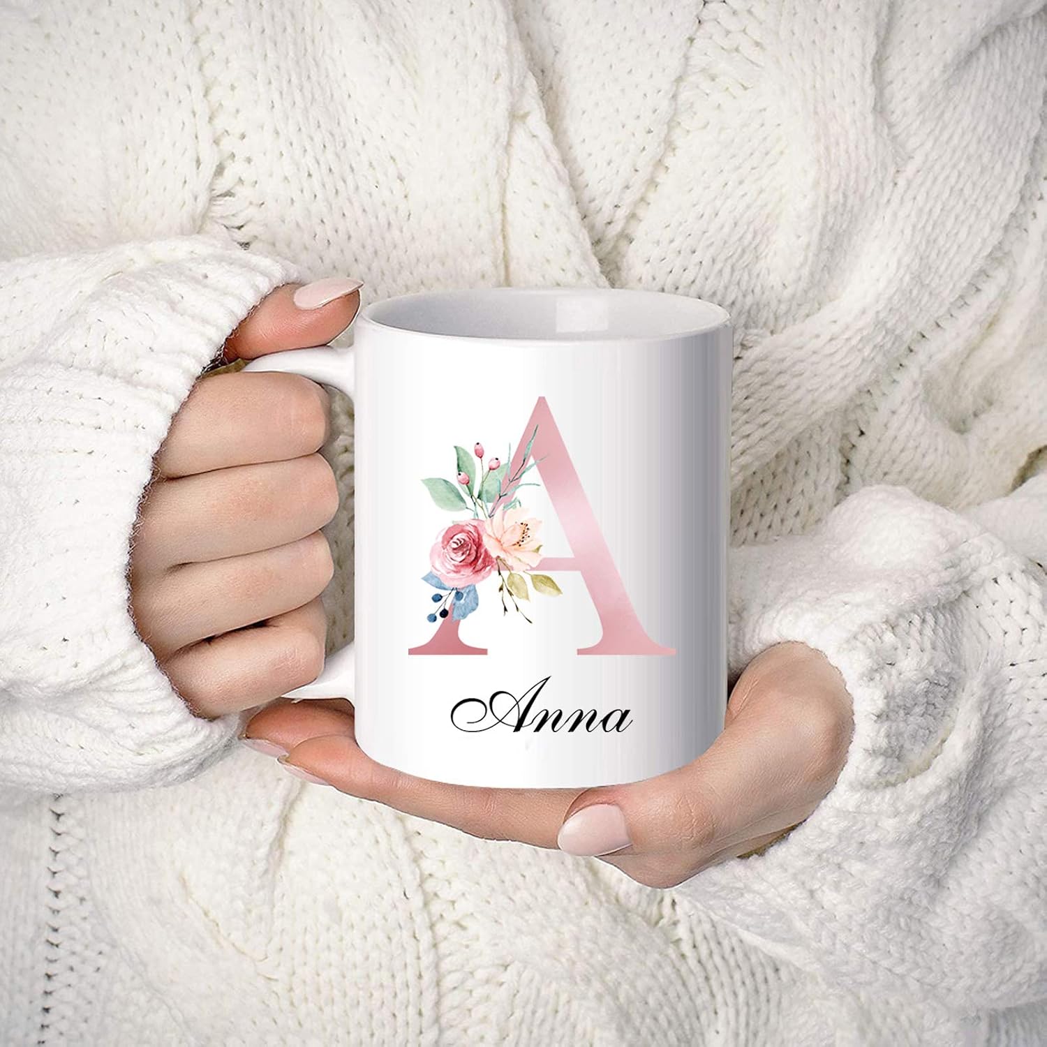 InterestPrint Personalized Monogrammed Coffee Mug, Custom Mug with Name and Pink Initial, Customized Tea Cup Gift for Womens Girls Ladys Mom Girlfriend Grandma - 11 or 15 oz
