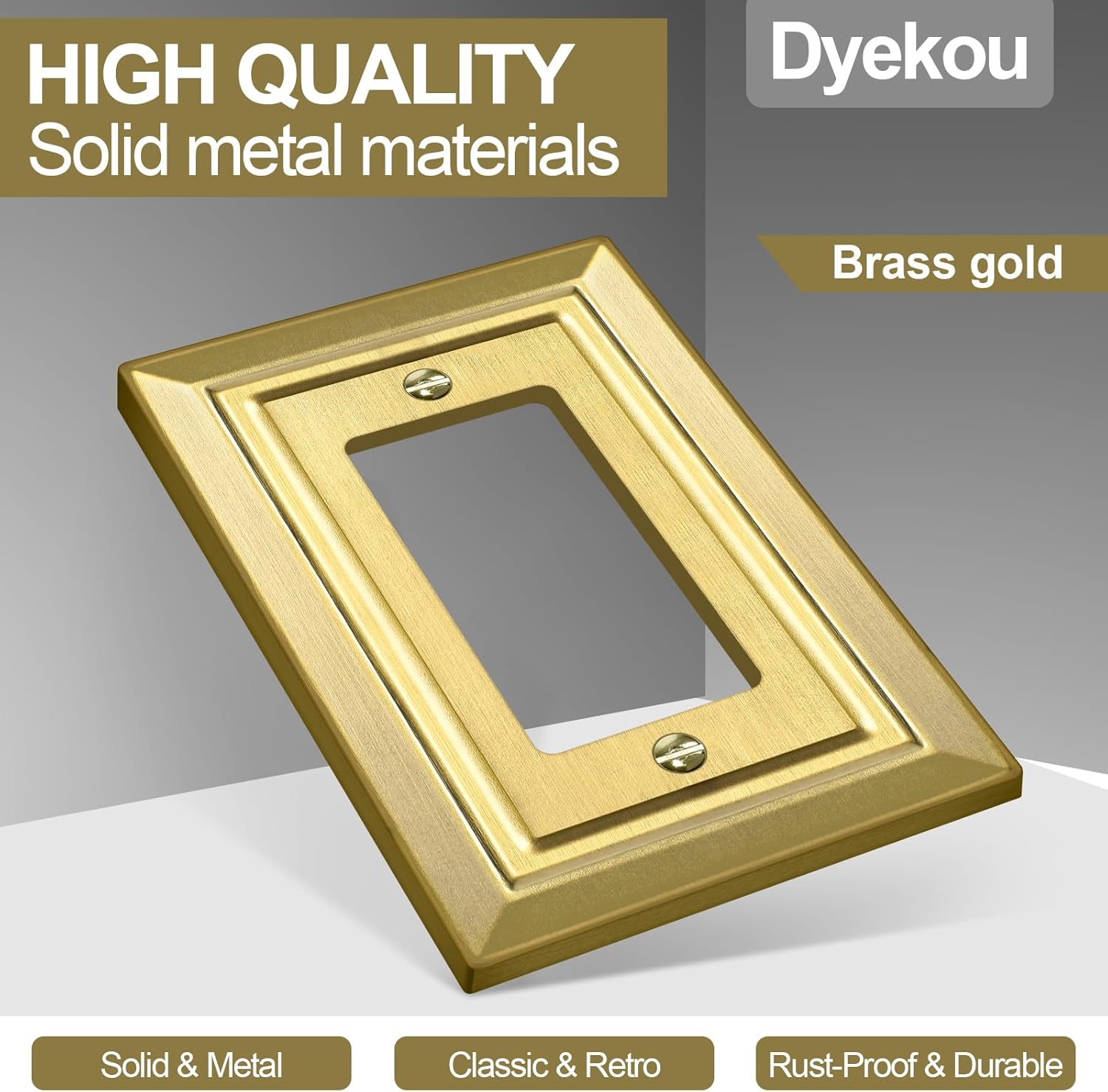 Metal Wall Plate for Electrical Outlets, Decorative Brass Gold Switch Plates Outlet Cover, Light Switch Cover Plate, 1-Gang Wall Plates (Single Decoretor, 6 Pack)