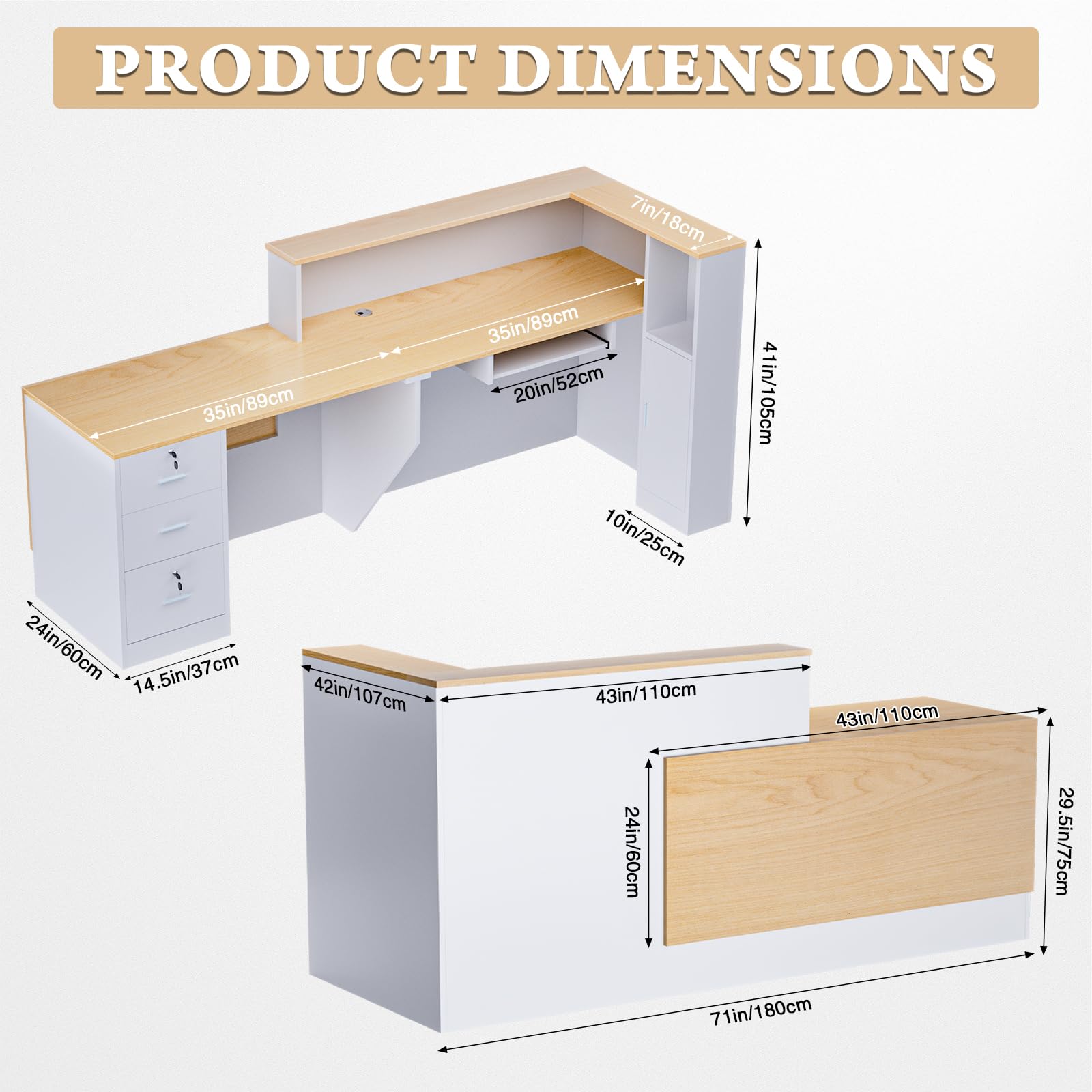 Escritorio de recepción grande de madera en forma de L, moderno mostrador de recepción con cajones con cerradura y bandeja de almacenamiento y teclado, para pagar, vestíbulo (madera natural izquierda