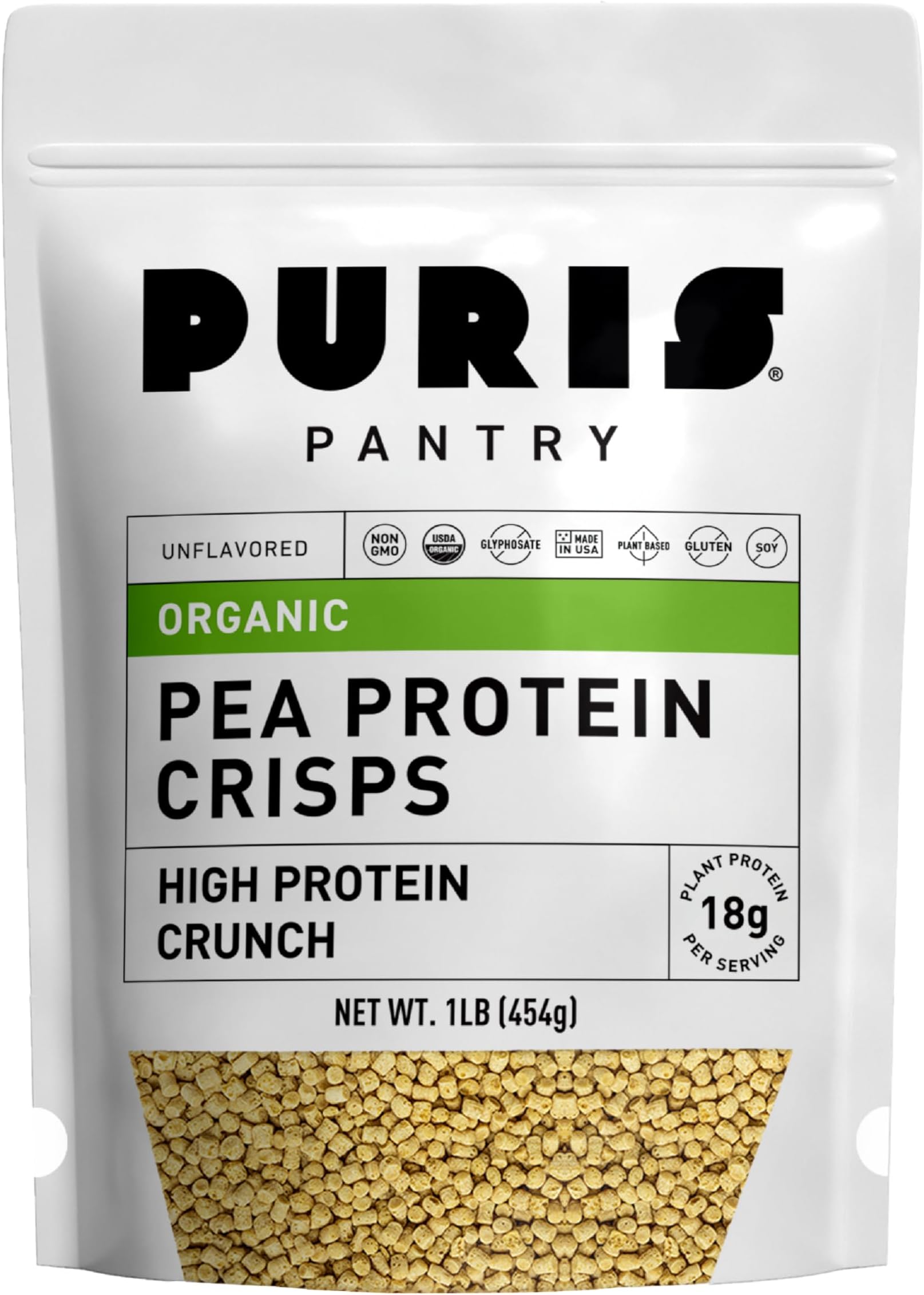 PURIS Organic Pea Protein Crisps, Certified Organic Pea Protein Isolate, Keto Protein Crunch, Made 100% in The USA, Non-GMO, Gluten Free, No Sugar, No Soy, 18g Protein, 7g Carbs, Unflavored