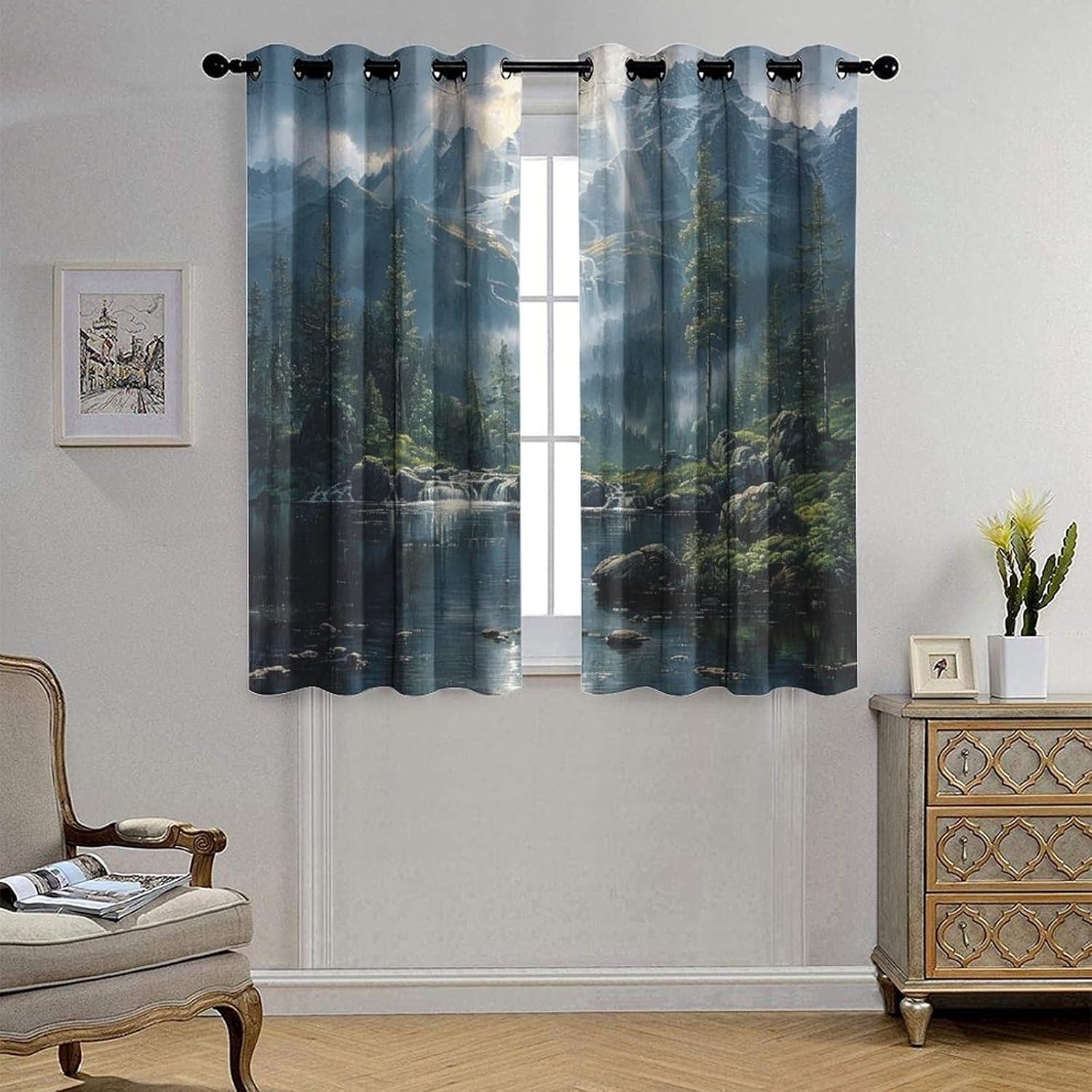 Nature Snow Mountain Grommet Blackout Curtains for Bedroom, Vintage Forest Tree Waterfall Thermal Insulated Curtains Room Darkening Window Drapes, 42W x 84L, 2 Panels