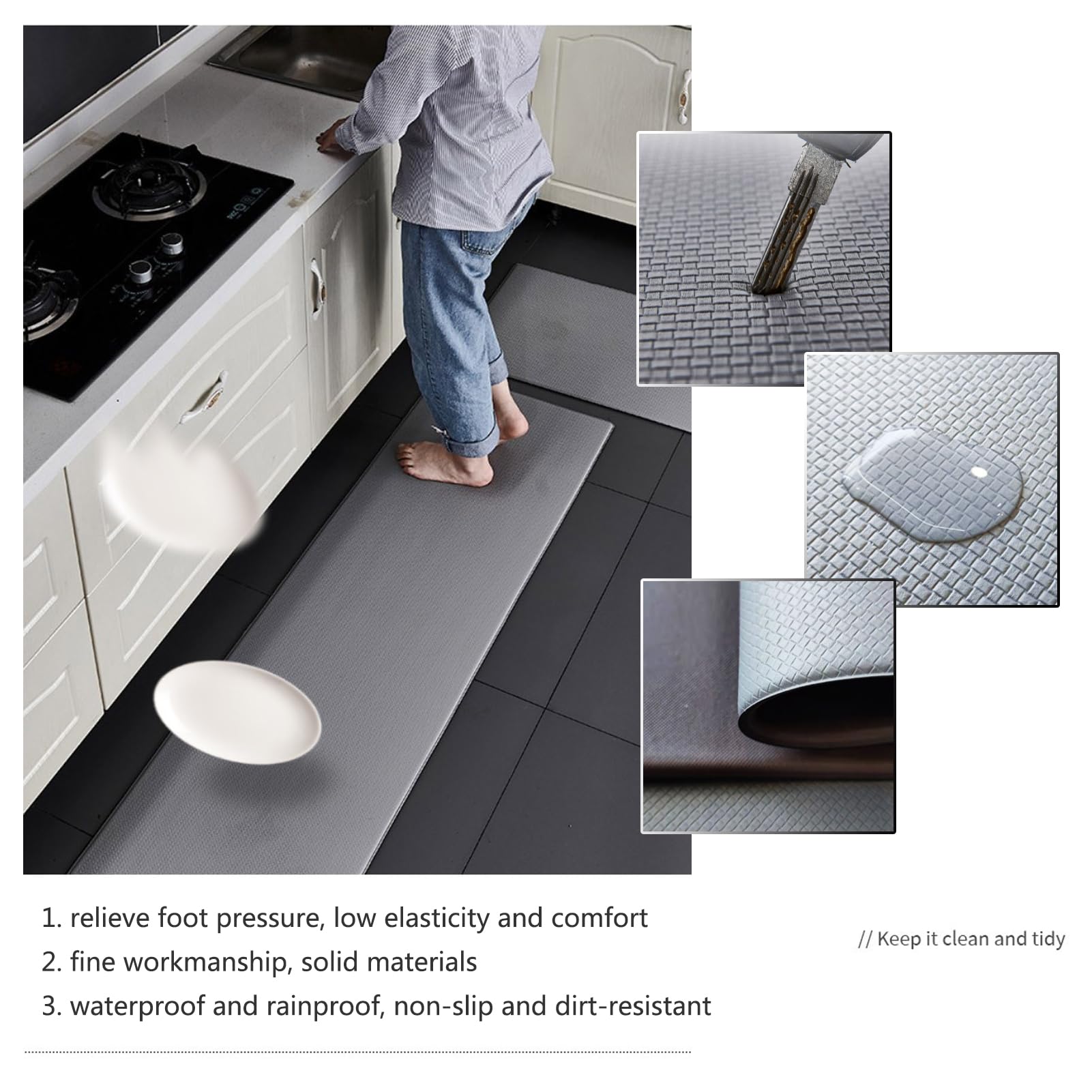 Alfombrilla de Cocina, Alfombra Antifatiga, Felpudos para Felpudos, Tapete De Cocina, Alfombras Cocina Lavable, PVC Impermeable y Resistente al Aceite (Rojo,45 x 150cm)