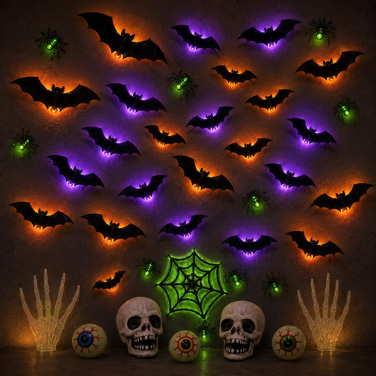 40 PCS 3D LED Halloween Bats Wall Decor with Spiders, Web & Skulls