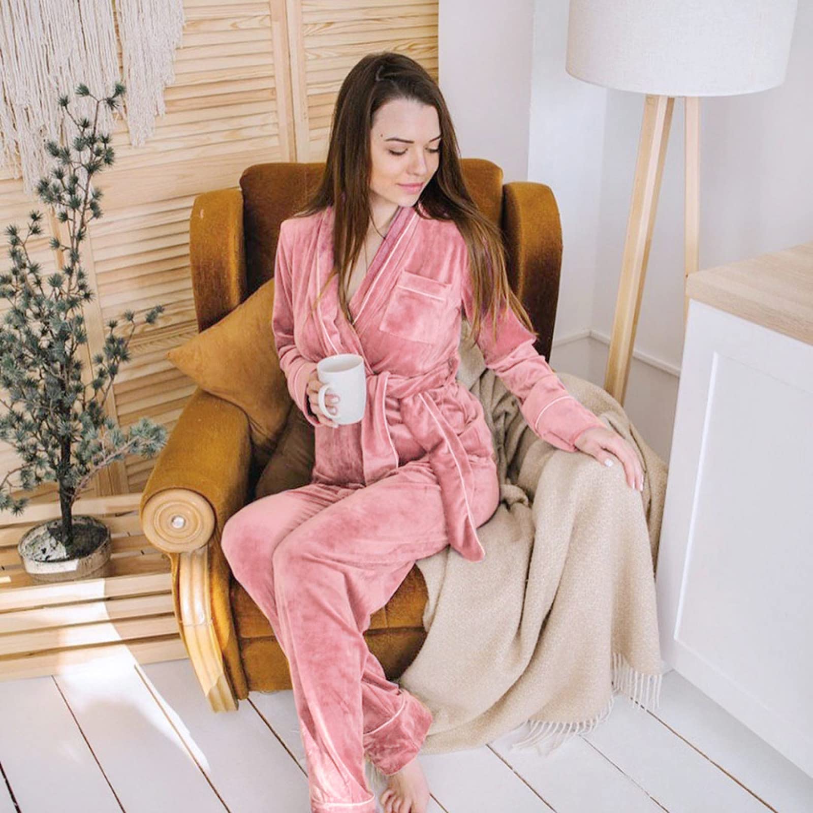 Conjunto De Dos Piezas De Pijama De Manga Larga para Mujer, Conjunto De Cárdigan Cálido Y Cómodo, Camisón Sexy para Mujer,Rosado,XL