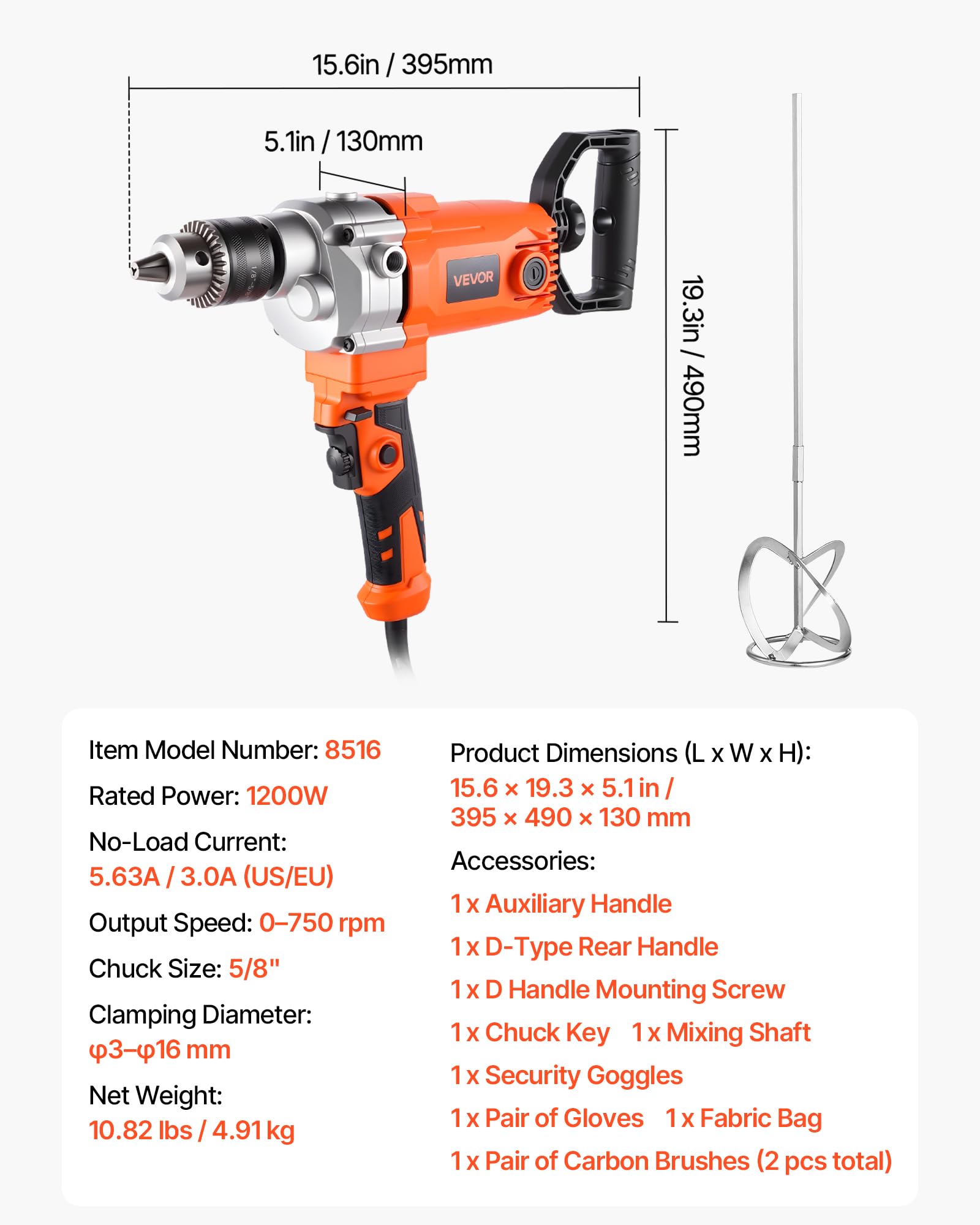 VEVOR elektrische Bohrmaschine 15,89 mm 1200 W mit Mixer Bohrmaschinenmischer Set 750 U/min 3,2 A Mischbohrmaschine mit D-Griff zum Bohren & Mischen Handbetonmischer für Futter Zement