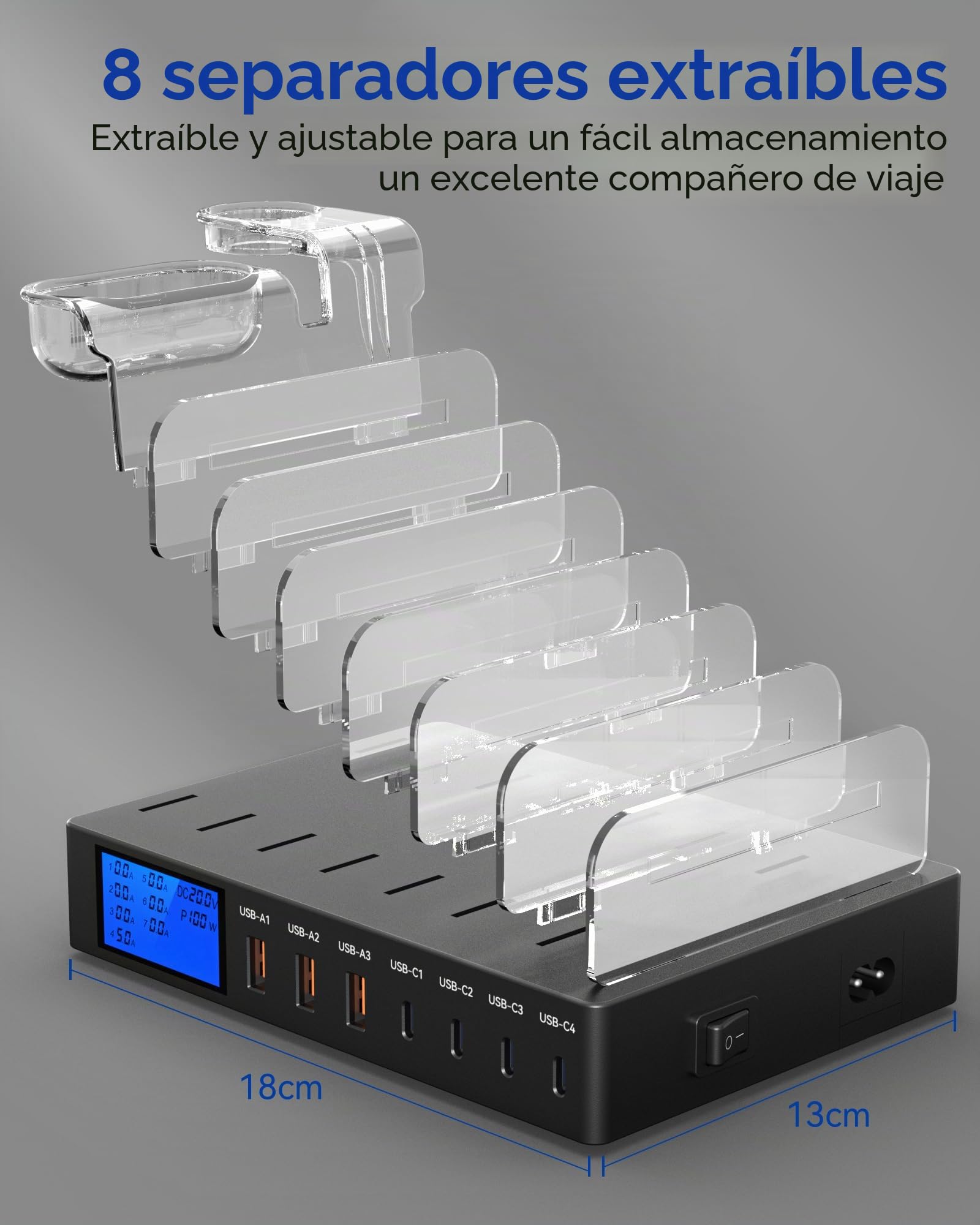 Estación de Carga, 245W 7 Puertos Charging Station, Estacion de Carga con Pantalla LCD, Cargador USB Multiple Compatible con teléfonos tabletas y Otros Dispositivos（7 Cables incluidos）