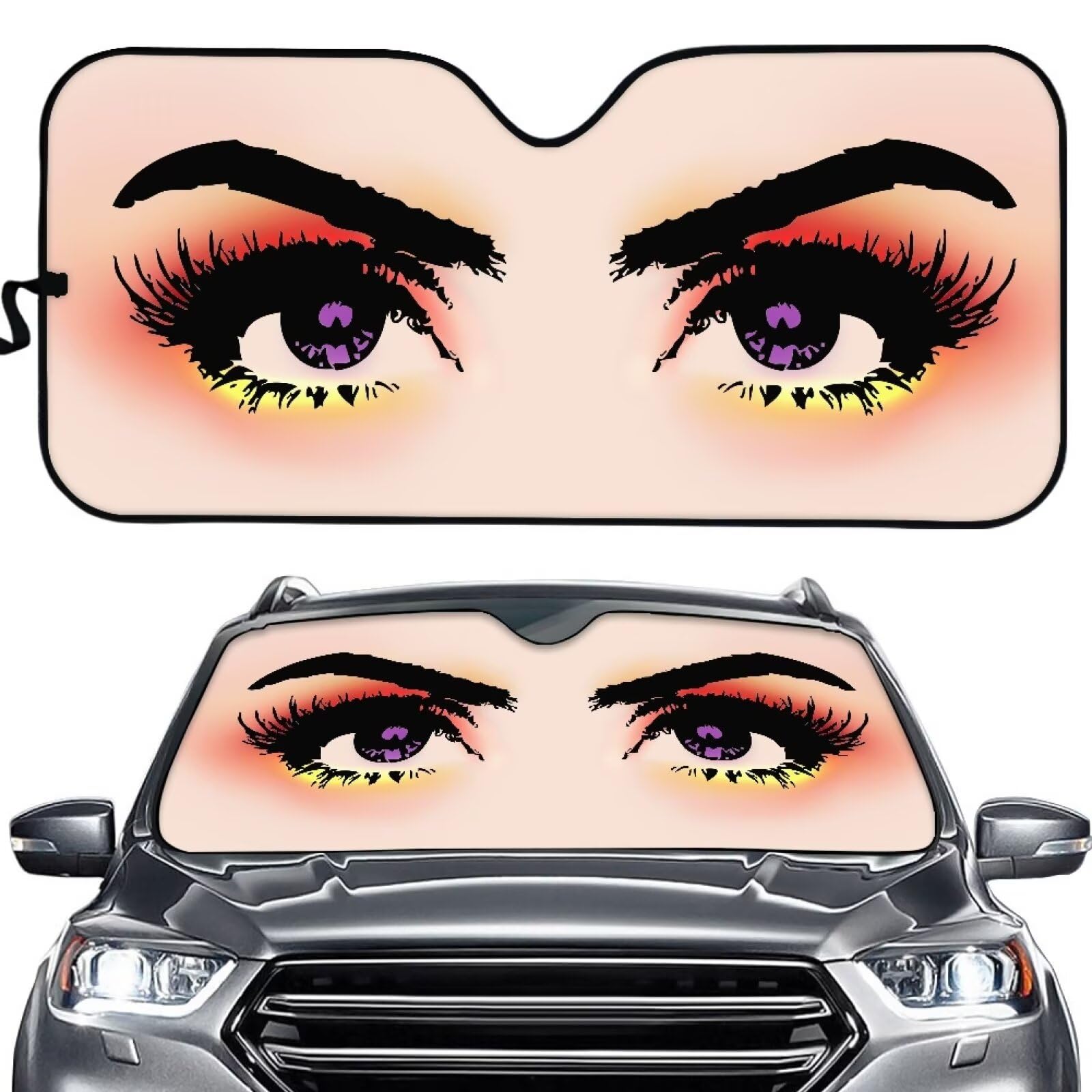 Suhoaziia Eyelashes Car Shade Front Windshield Sun Shade Easy to Use Foldabel Car Sun Visor Fit Most Truck/SUV/Vans for UV Rays and Sun Protection (