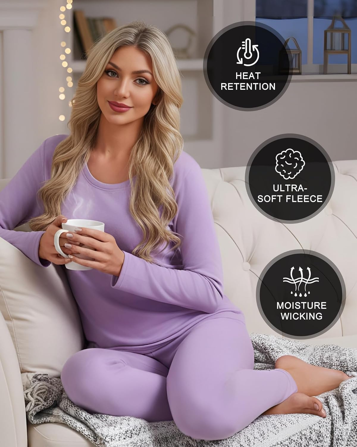 Patelai 2 Sets Thermal Underwear for Women Warm Fleece Lined Base Layer Skiing Top and Bottom Pajama for Cold Weather - Image 6