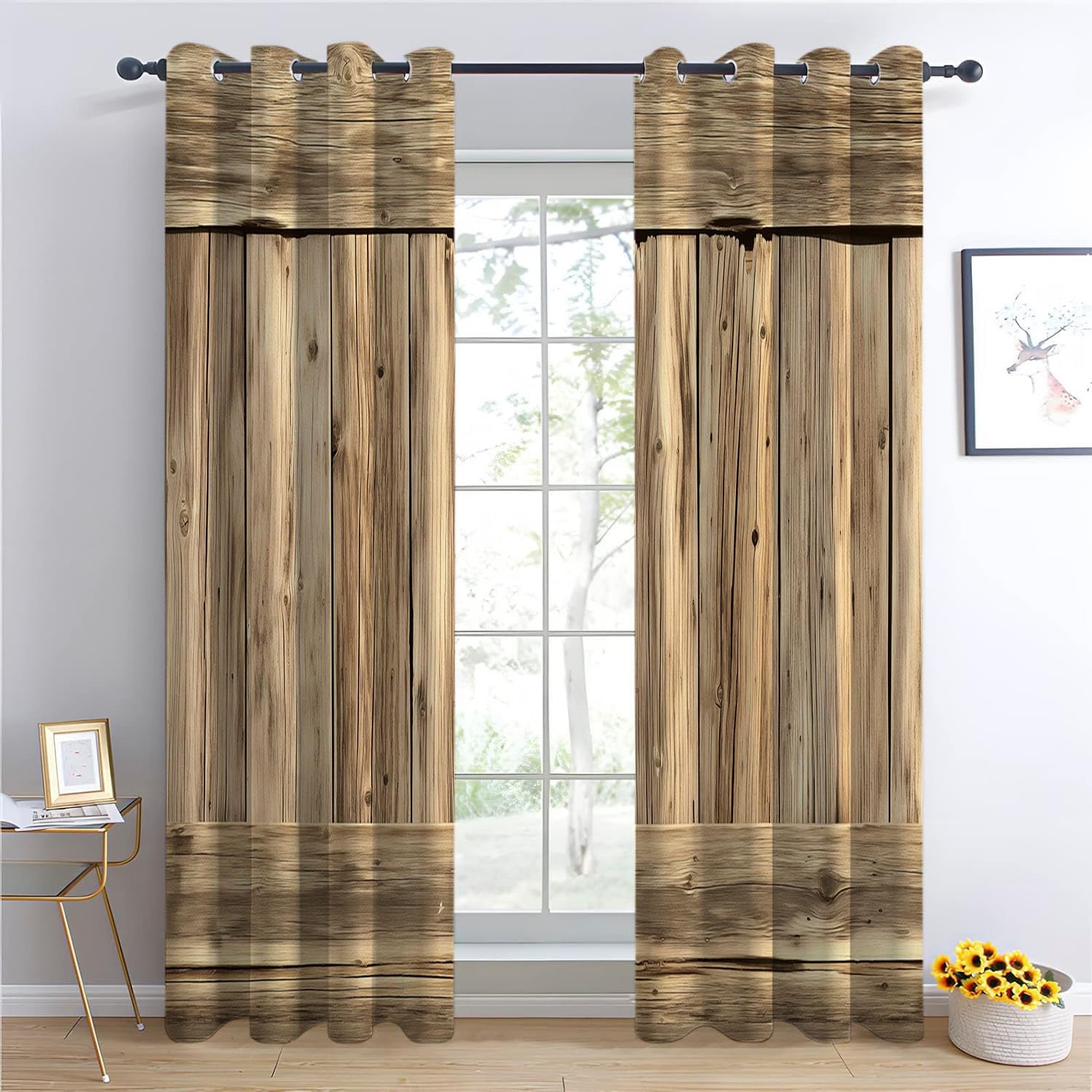 2 Pièce Rideau À Oeillets Réduction Du Bruit Rideaux Planches de bois vieilli de vieille grange Rideau Occultant Décor Moderne Pour Société Bureau Chambre À Coucher, Thème du village 280 X 260 cm