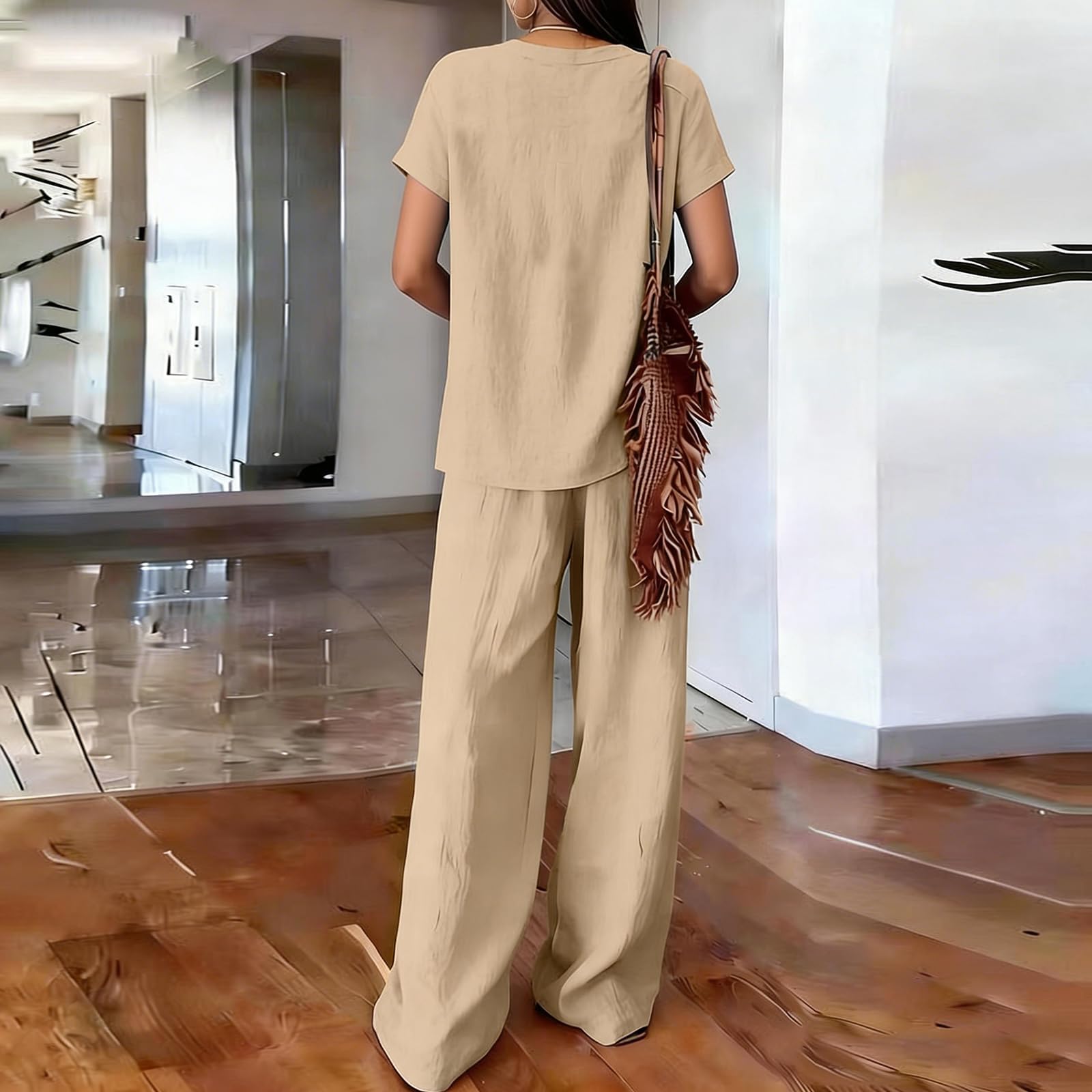 Conjunto Verano Mujer Conjunto Mujer Dos Piezas Verano Elegante Lino Cuello en V Casual Ligero y Transpirable Conjuntos Deportivos Mangas Cortas Blusa y Pantalon para Uso Diario Oficina