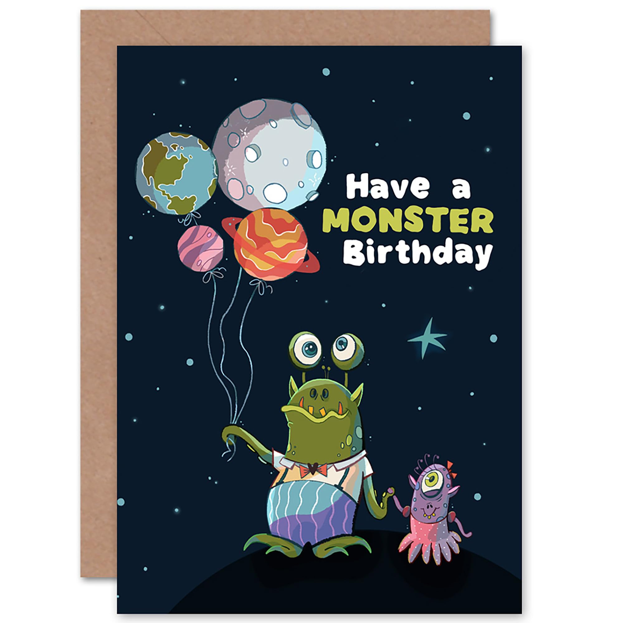 Wee Blue Coo Space Balloon Monster Birthday Greetings Card