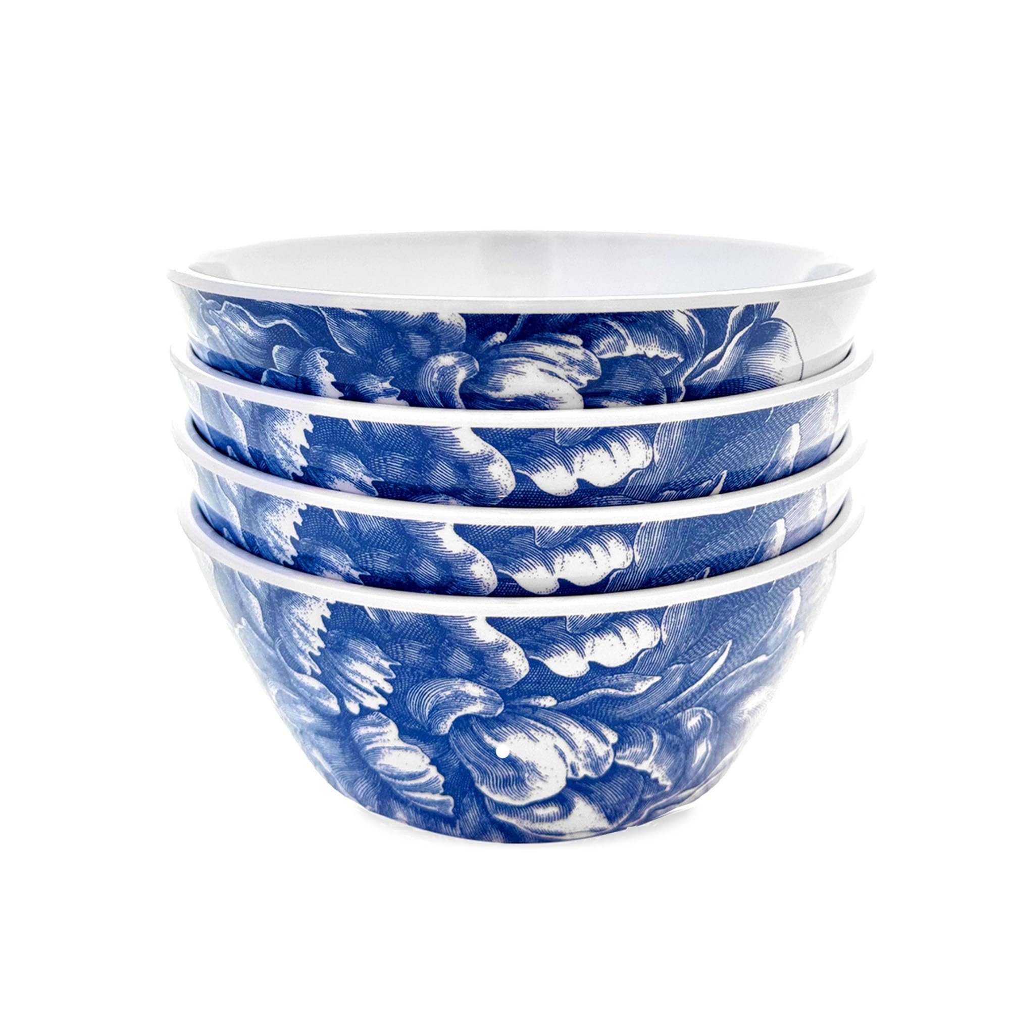 Caskata Müslischalen aus Melamin, Pfingstrose, 4 Stück, Müslischalen für Unterhaltung und den täglichen Gebrauch, perfekt für Zuhause, Strand, Pool und als Geschenk, Blau auf Weiß, 15,2 x 7,6 cm