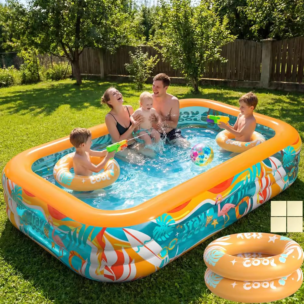 Skirfy Aufblasbarer Pool, 305 x 183 x 56 cm XXL Gartenpool, Verdickter Kinderpool für Erwachsene & Kinder, 2 Schwimmringe,Sommer Outdoor Pool für Garten