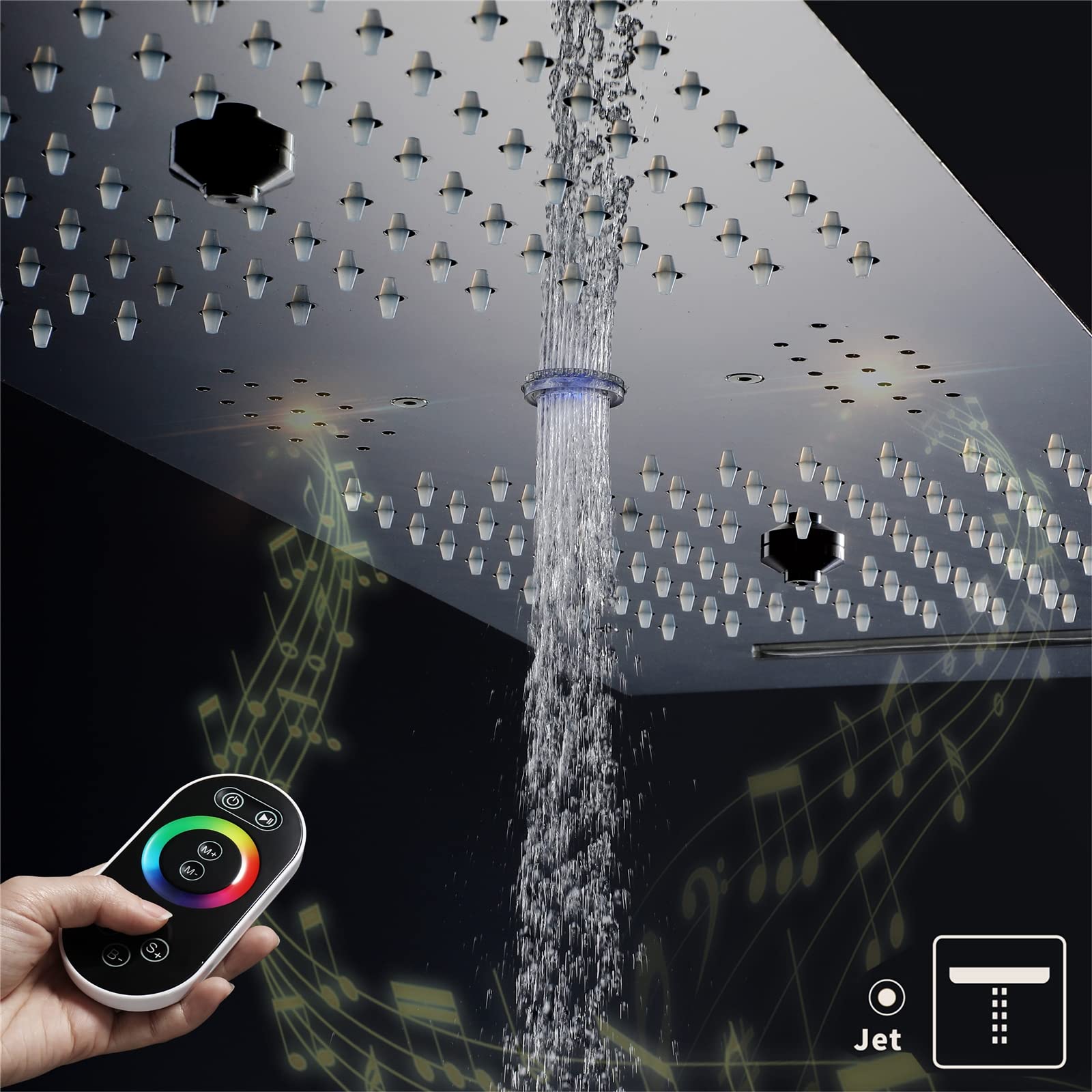 LED Música Rociador Ducha 90x30cm Negro Alcachofas Fijas para Ducha 4 Funciones 64 Colores Alcachofa de Ducha Rectangular 304 Acero Inoxidable Cabezal de Ducha Lluvia,Touch Control
