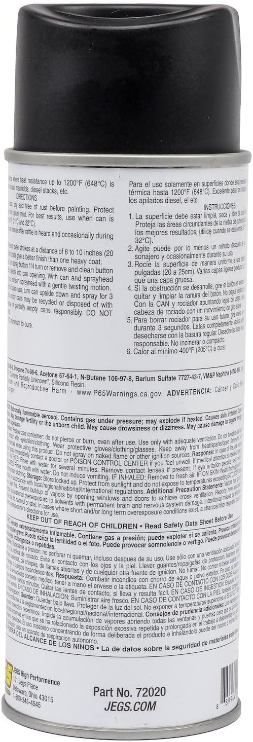JEGS Black High Temperature Resistant Paint | 12 oz. Aerosol Spray | Resists Heat up to 1200 degrees F | Heat Cure at 400 degrees F for 2 hours | Not for Use with Primer | Made In USA
