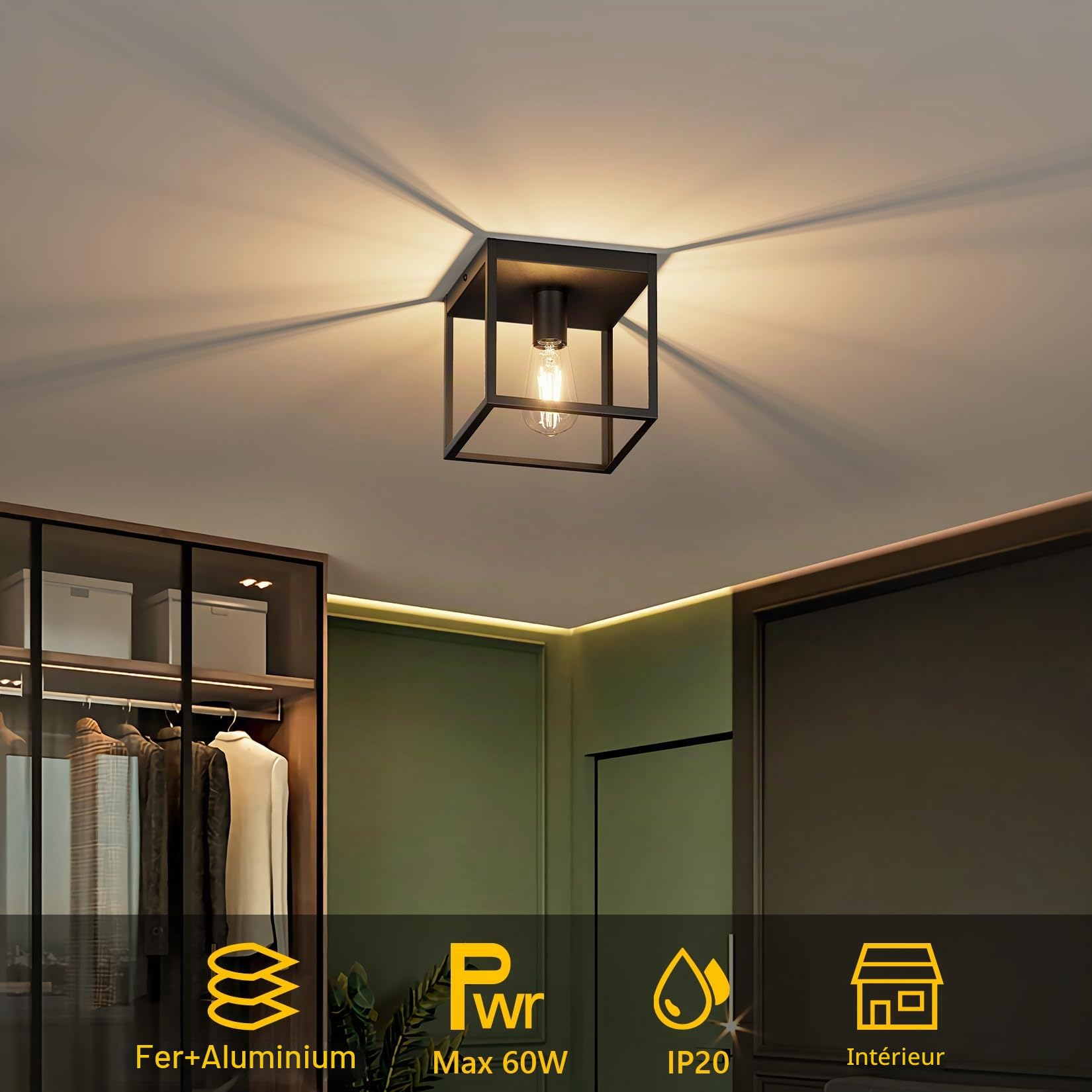 Klighten Lot de 2 Plafonnier Vintage, E27 Éclairage de Plafond Intérieur, Rétro Industriel Luminaire Plafonnier, Noir Métal Lampe de plafond pour Couloir, Chambre, Cuisine(Ampoule non Incluse)