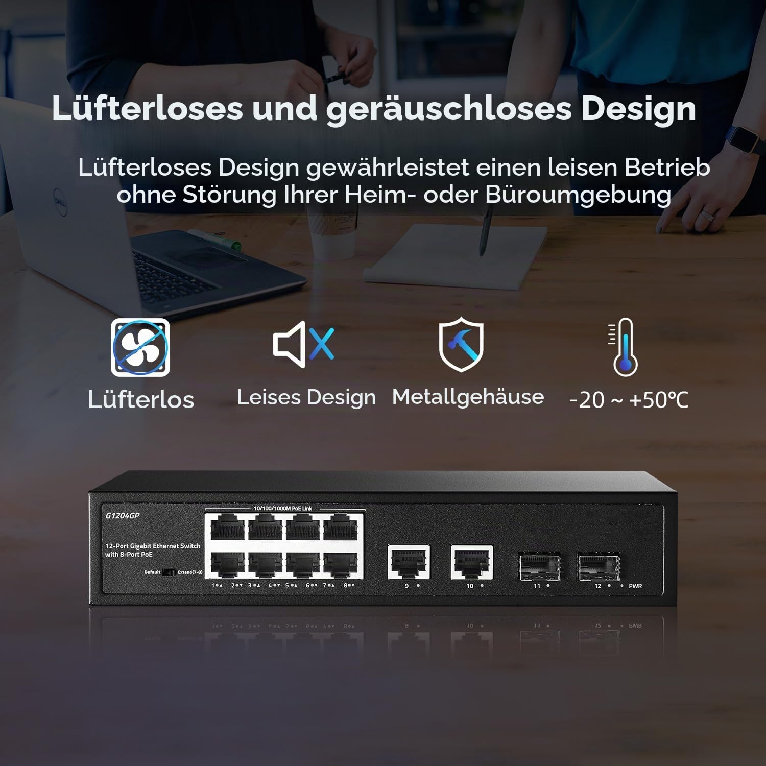 YuLinca 12 Port Gigabit PoE Switch, 8 GE PoE+, 2 GE Uplink, 2 Gigabit SFP Slot, IEEE802.3af/at Max 120W, Lüfterloser Unmanaged Plug&Play Ethernet Switch