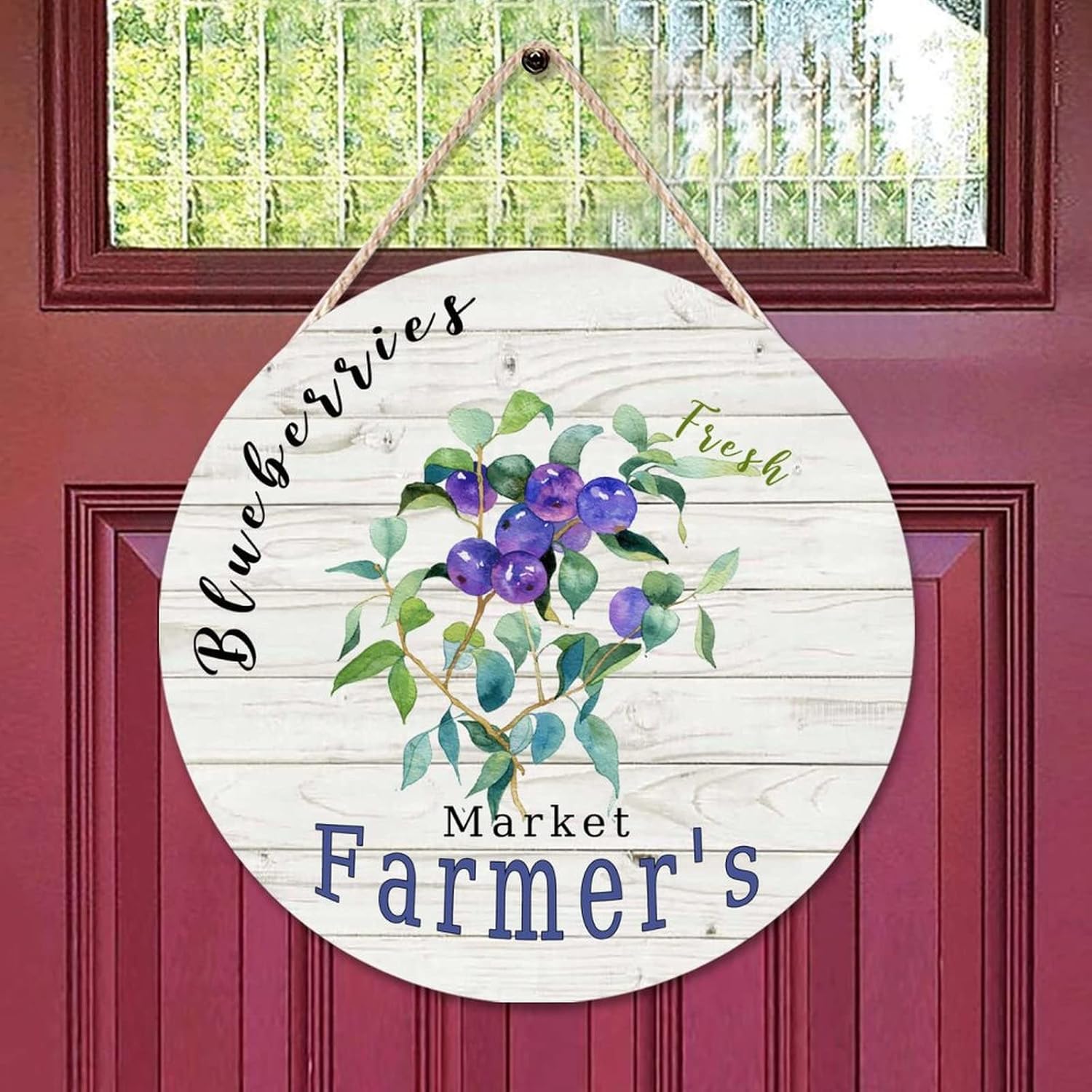 Vintage Fruit Blueberry Front Door Round Wood Sign, Vintage Wood Door Sign, 16x16in Retro Wall Hanging Sign Plaque Farmhouse Backyard Door Hanger Wall Decor Housewarming Gifts