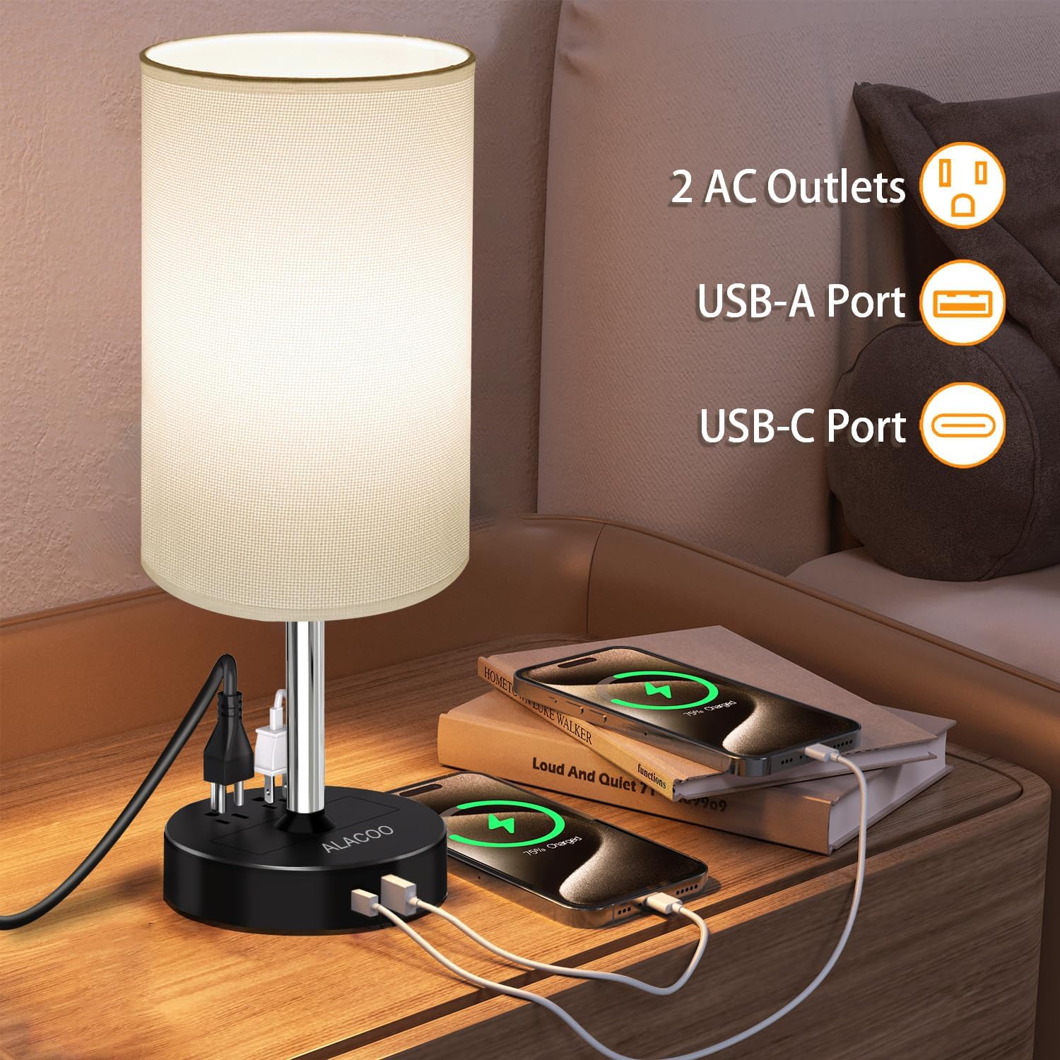 Small Bedside Table Lamp for Bedroom - 3 Way Dimmable Touch Lamp with USB Charging Station and AC Outlet, Wood Base & Fabric Linen Lampshade for Office, Living Room, Dorm, Black-White, (LED Included)