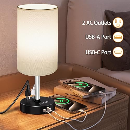 Miniatura 5 de Lámpara pequeña de mesita de noche para dormitorio, lámpara táctil regulable de 3 vías con estación de carga USB y salida de CA, base de madera y