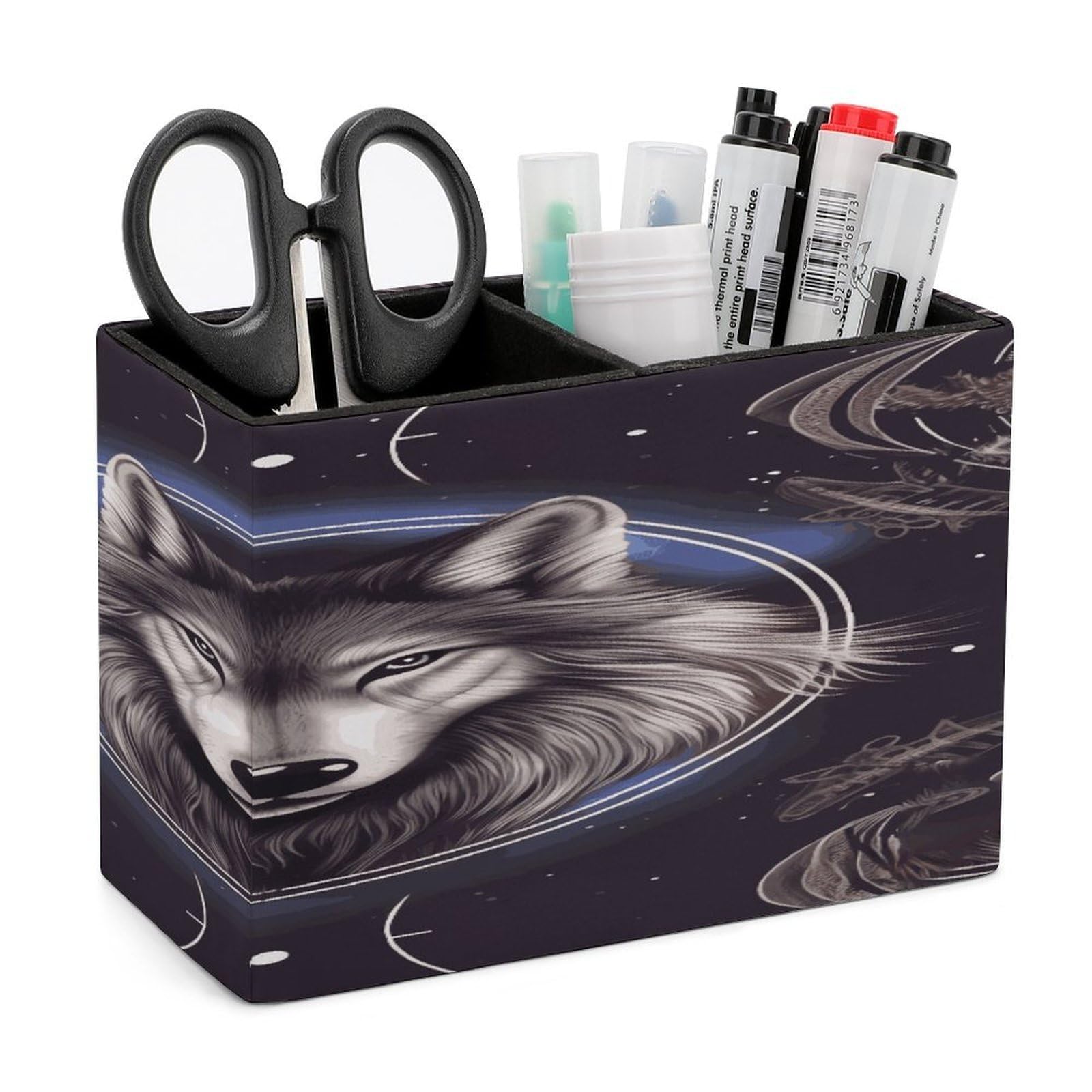 LDGSUPH Wolves And Dream Catchers Leather Pen Holder for Desk Organizer Caddy Large Pencil Cup Multi-function Pencil Holder Makeup Brush Holders Pen Organizer for Home Office Storage Box