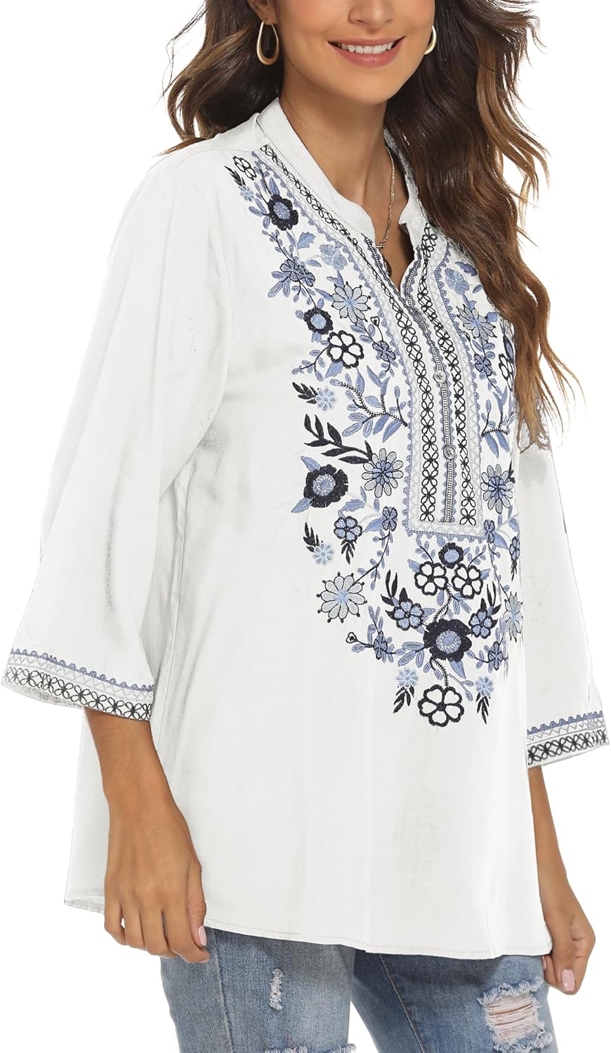 Mexican Embroidered Shirts for Women Bohemian Tops Peasant 3/4 Sleeve V Neck Shirt Tunic Blouses - Image 3