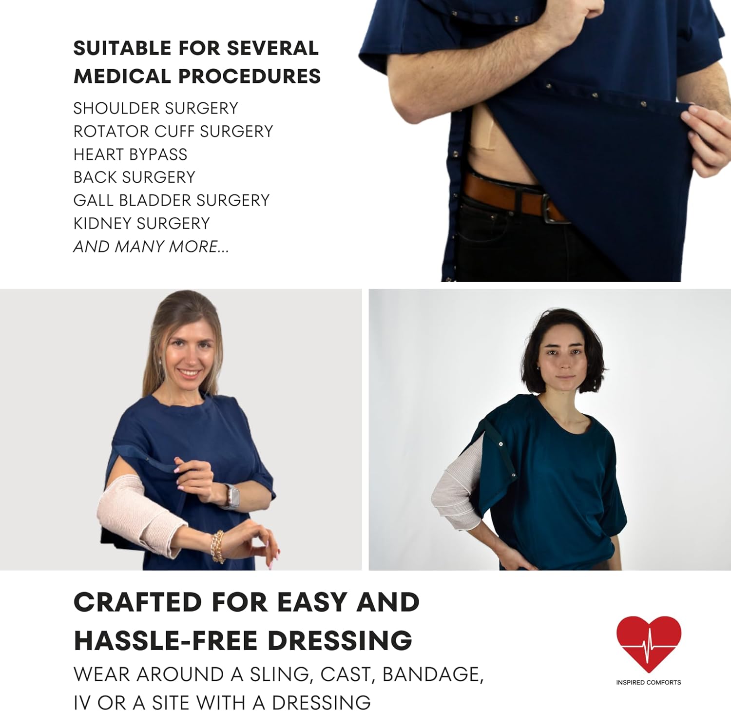 Inspired Comforts Unisex Right Shoulder & Side Access Post Surgery & Rehab Snap Shirt - Image 3