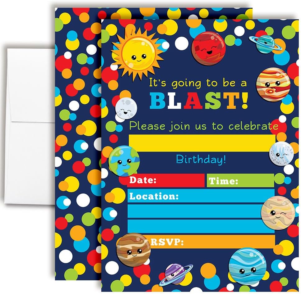 Space Invites Happy Planets– Outer Space Birthday Invitations for Kids, 20 5x7 Fill In Cards with Twenty White Envelopes for Your Outer Space Birthday by AmandaCreation
