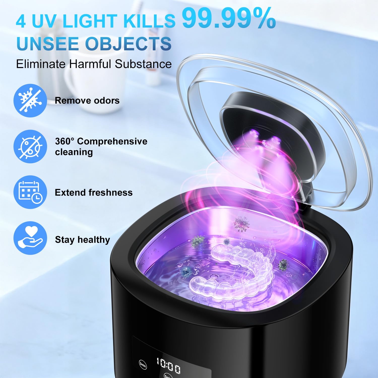 Pulitore Ultrasuoni,50000Hz Lampada UV Pulitore Ultrasuoni,230ML Clean Pod 4 Modalità Per Protesi, Allineatori, Apparecchi Ortodontici, Testine Di Spazzolini, Gioielli,Nero