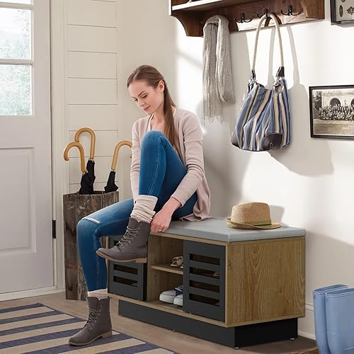 Miniatura 3 de Giantex Banco de almacenamiento de zapatos de entrada, zapatero con cojín de asiento y 6 compartimentos de almacenamiento, 2 puertas correderas y 3