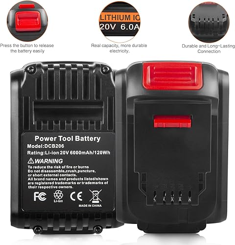Miniatura 4 de ARyee Paquete de 2 baterías de repuesto de 20 V 6.0 Ah para Dewalt compatibles con Dewalt 20V MAX XR Tools DCB200, DCB201, DCB203, DCB204, DCB205,