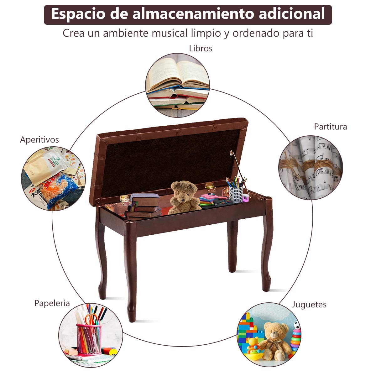 COSTWAY Banco para Piano de Madera y Cojín Acolchado Taburete de Piano con Compartimento Banco para Teclado de 75x35x49 centímetros (café)
