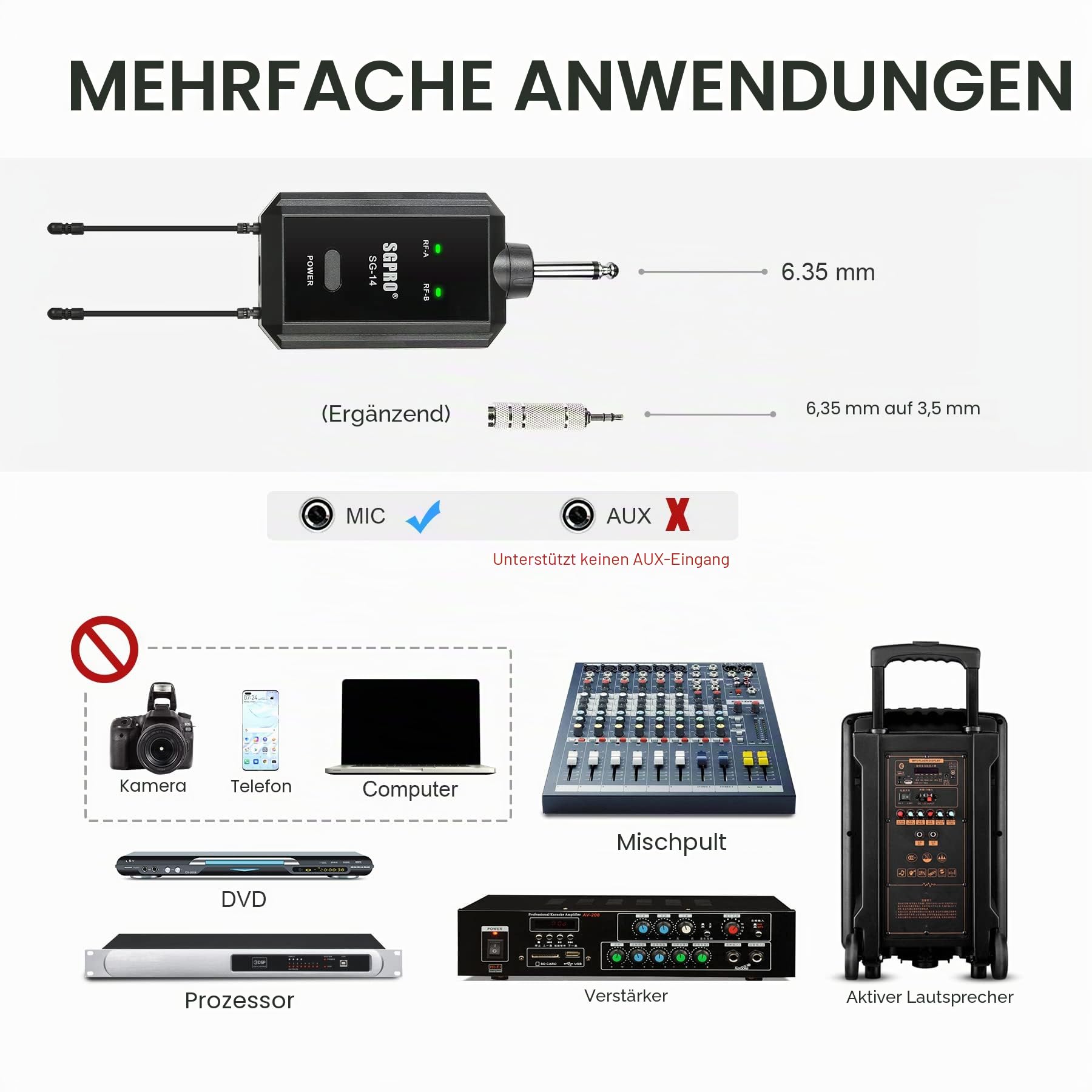 SGPRO Bodypack-Headset und Handheld Mikrofon mit Mini-Mikrofon und Kompaktem Empfänger 32 Vordefinierte Kanäle 262 Fuß Reichweite AA-Batterien betrieben