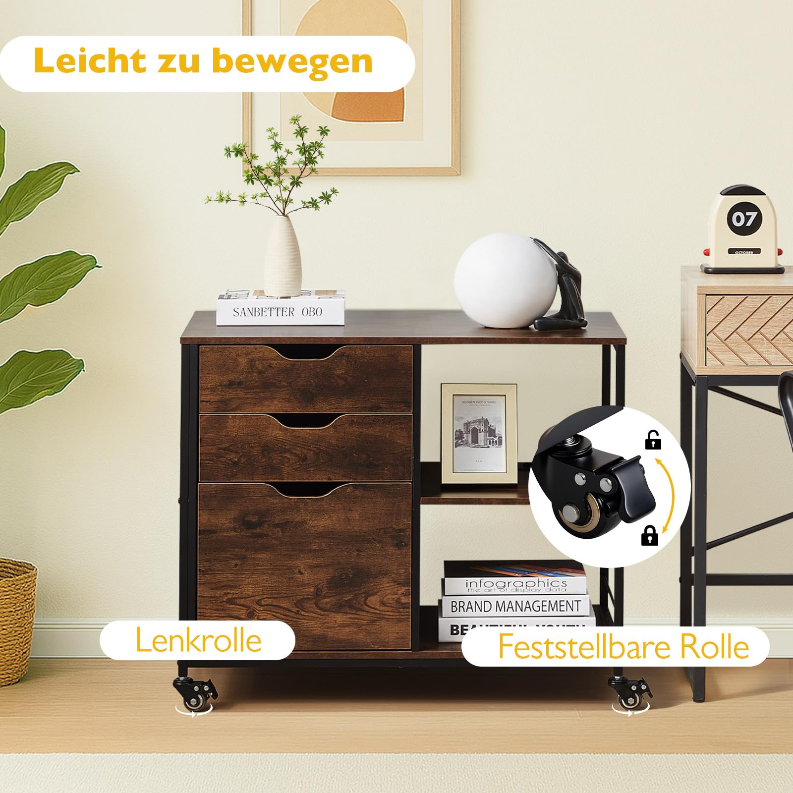 CLIPOP Rollcontainer, 3 Schubladen, 2 offene Fächer, Steckdose