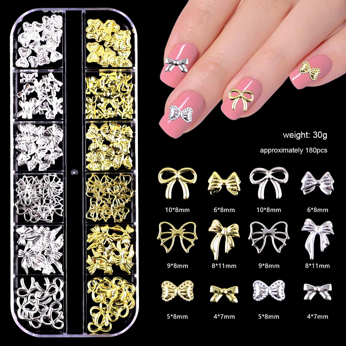 4 Boxes Nail Charms Star Bow Y2k Gold Silver Nail Art Beads Studs Metallic Nail Jewelry Decorations Sparkly Gems Manicure Supplies Accessories for Women DIY Craft