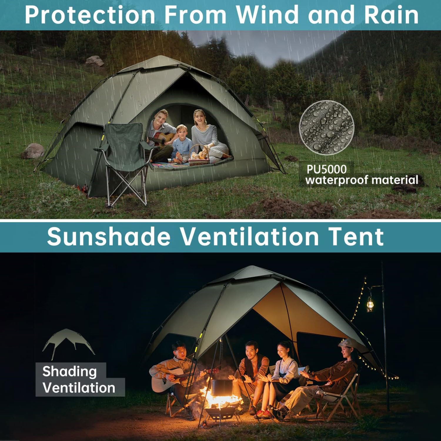 Camping Zelt mit Tragetasche Leichtes Pop Up Wurfzelt 3-4 Personen Kuppelzelt Trekking Festival Igluzelt Sekundenzelt Wasserdicht Wind Sonnenschutz für Familien Camping
