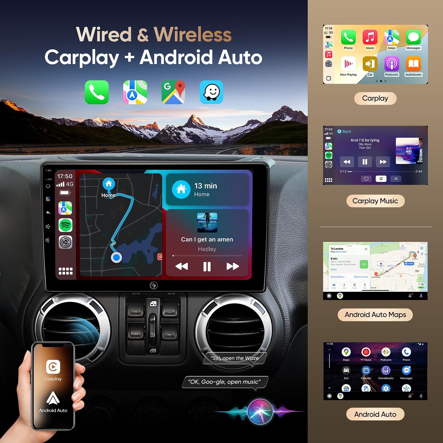 Image showing the AINAVIGO car radio displaying both wired and wireless CarPlay and Android Auto interfaces, with a smartphone connected.