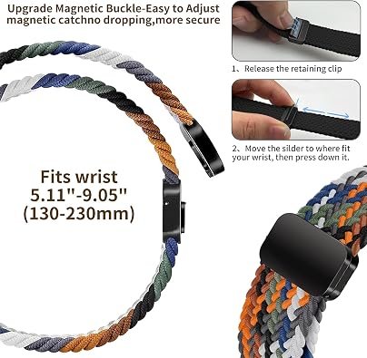 Braided Band Compatible with Samsung Galaxy Watch 7 6 5 4 FE Band 40mm 44mm/5 Pro/Watch 4&6 Classic/Active 2/Watch3 41mm, 20mm Soft Nylon Magnetic Stretch Strap with Designer Interlock Buckle