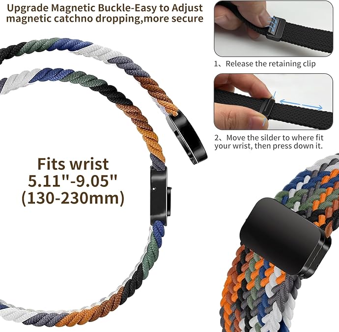 Braided Band Compatible with Samsung Galaxy Watch 7 6 5 4 FE Band 40mm 44mm/5 Pro/Watch 4&6 Classic/Active 2/Watch3 41mm, 20mm Soft Nylon Magnetic Stretch Strap with Designer Interlock Buckle