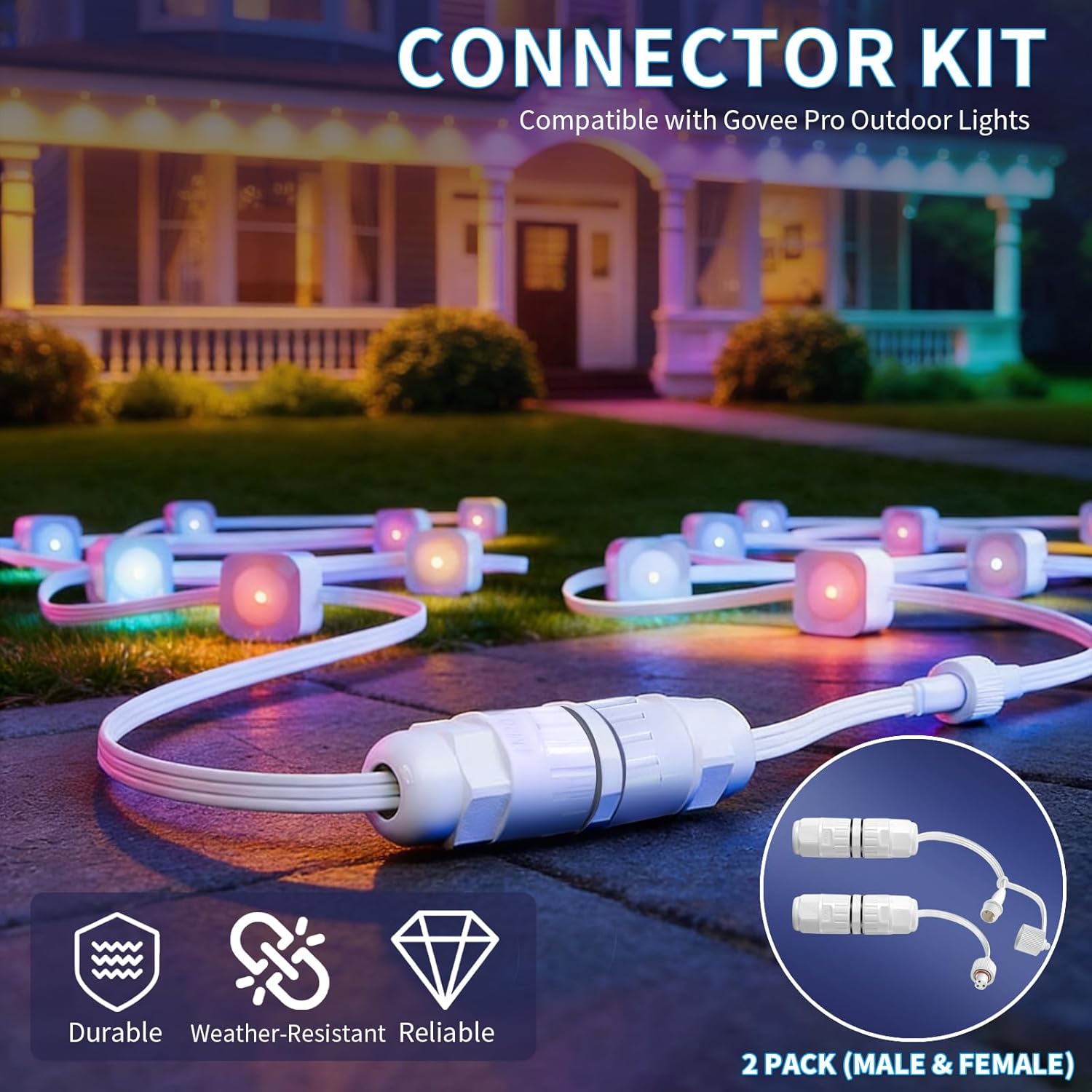 1 Pair Splice Kit Compatible with Govee Permanent Outdoor Lights Pro, Wire Connectors, for Connect, Repair and Extend String Lights, Weather-Resistant, with Male and Female Connectors