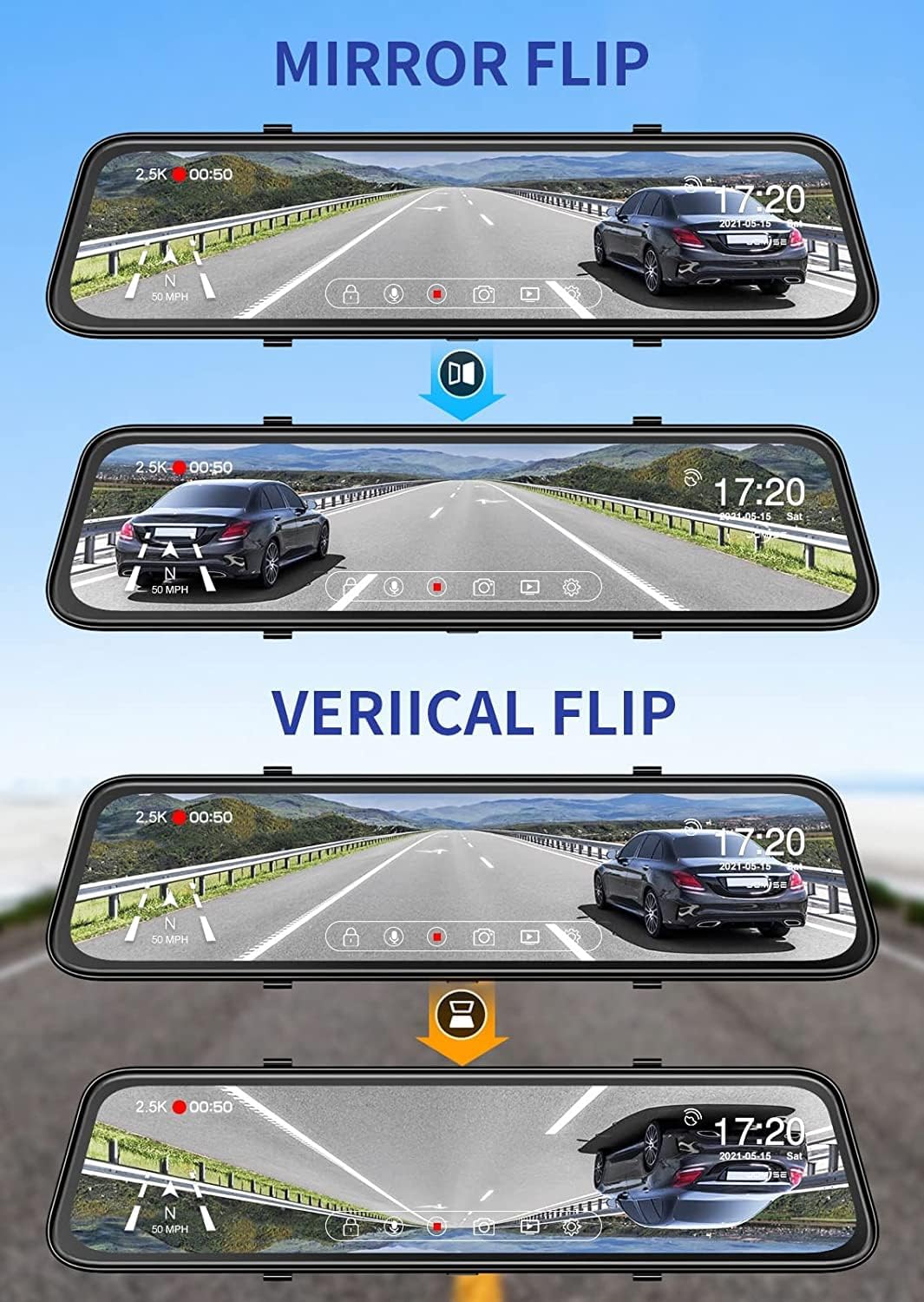JOMISE 4K 12" Rear View Mirror Camera, 2160P Full HD Rearview Mirror, Mirror Dash Cam Front and Rear, Waterproof Backup WDR Camera, Night Vision, Parking Assist, Speed Alert, 64GB Card Included- K17
