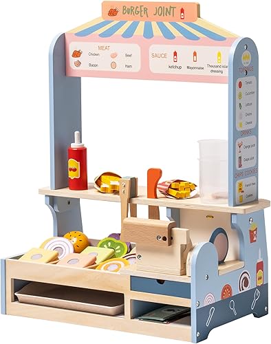 ROBOTIME Juego de comida de madera para niños, juego de hamburguesas con juguetes para mostrador de sándwich, juguetes de cocina para niños pequeños